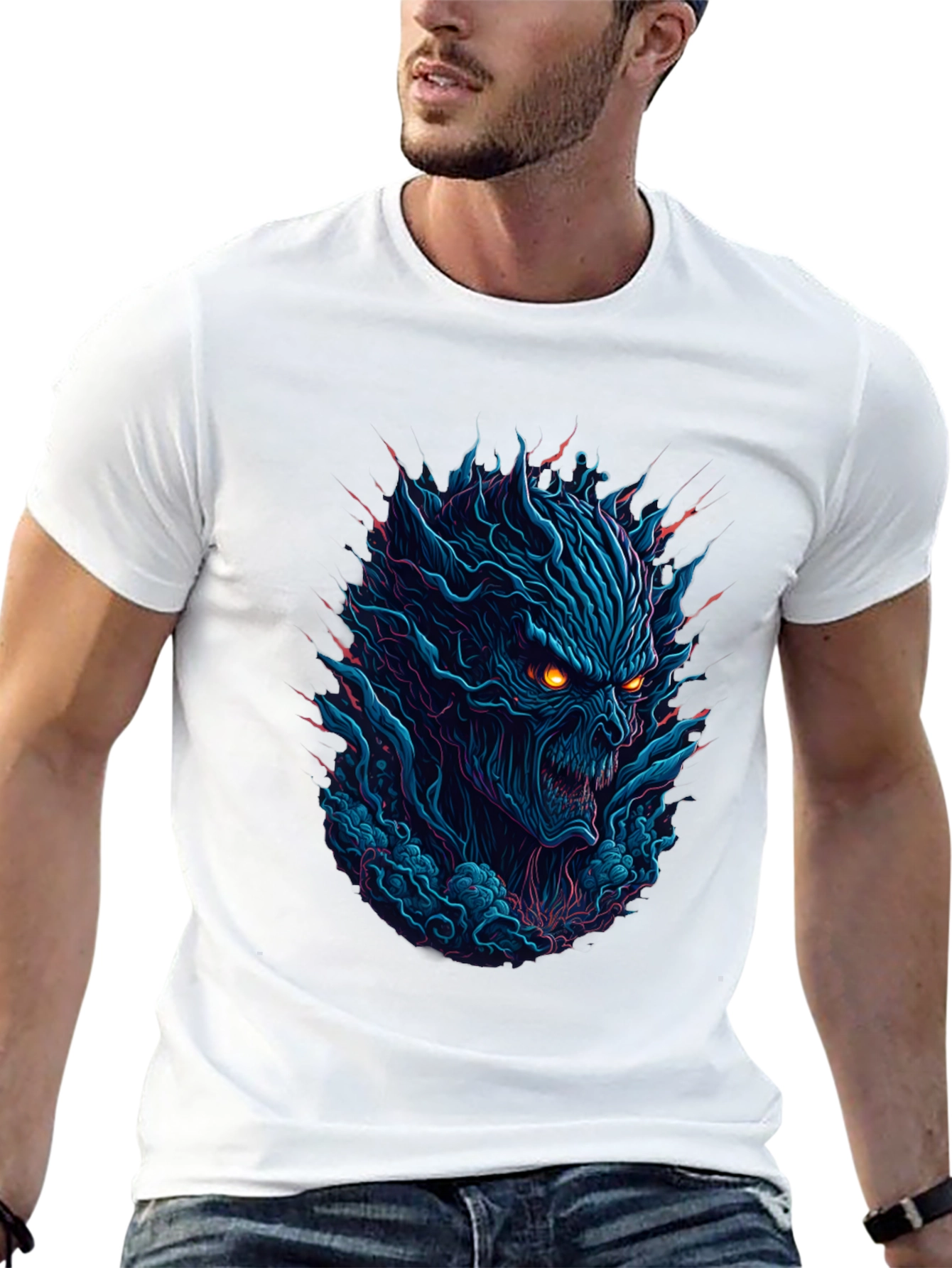 Mens Black T-Shirt with Fiery Monster Graphic