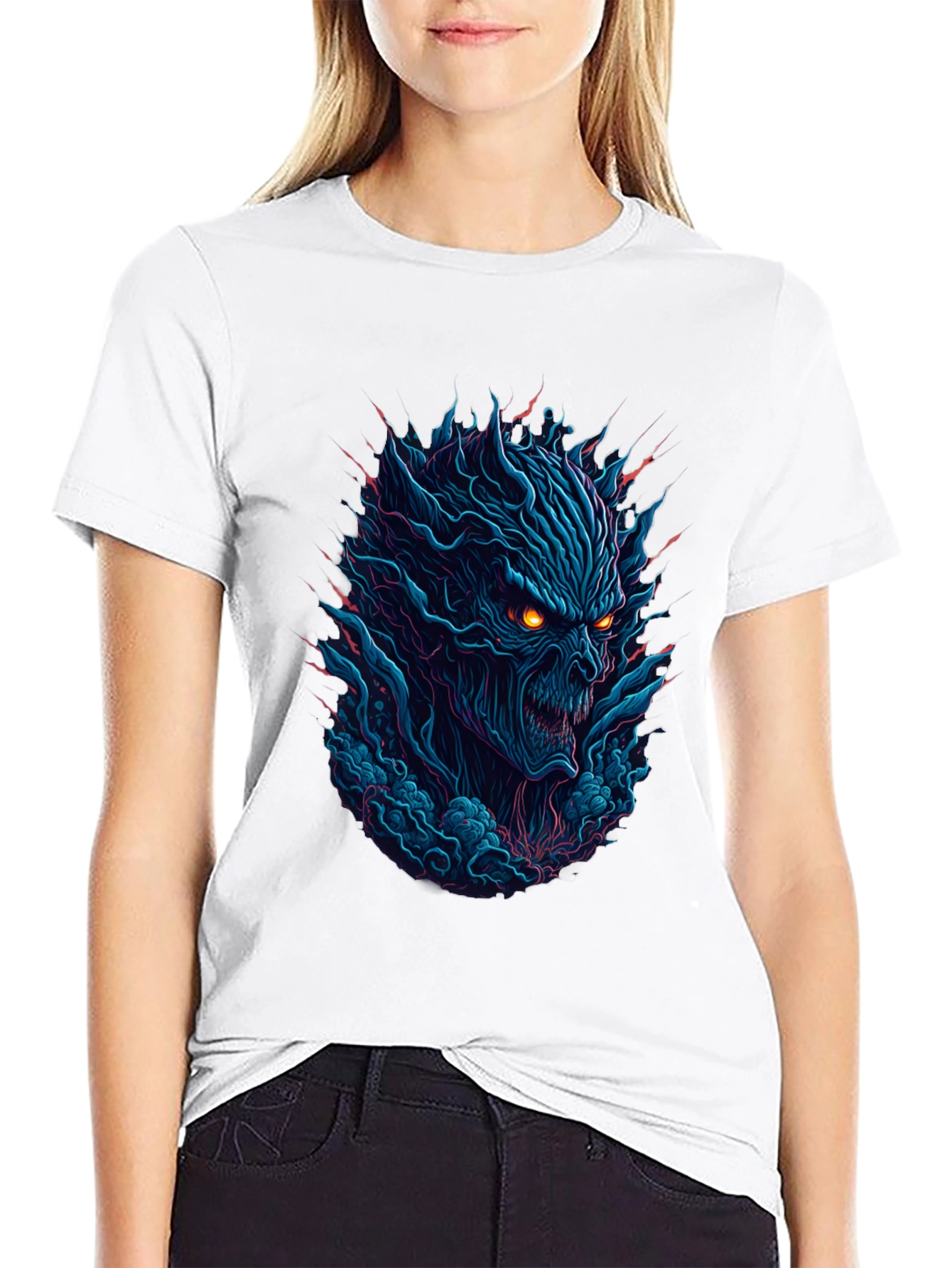 Mens Black T-Shirt with Fiery Monster Graphic