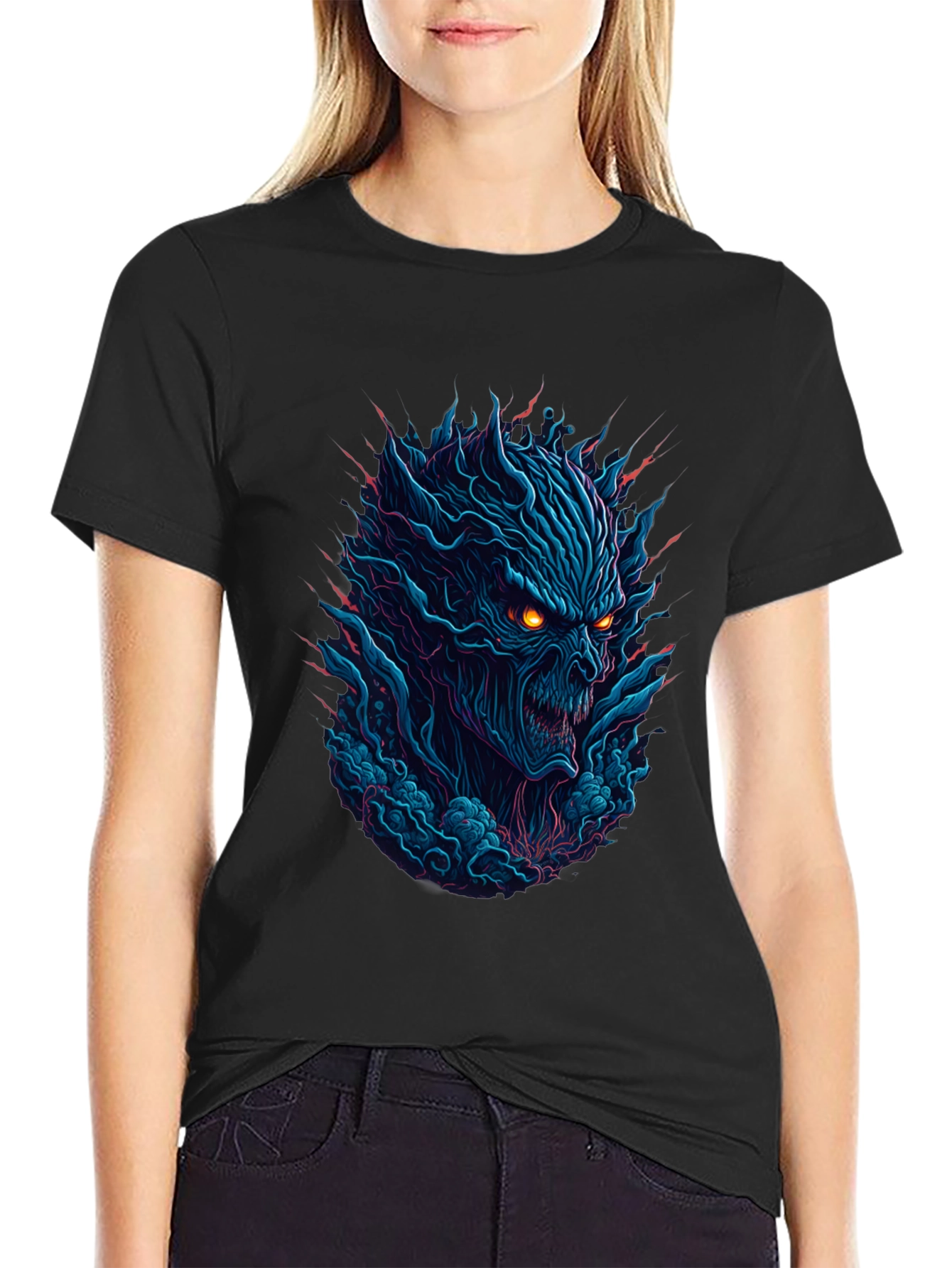 Mens Black T-Shirt with Fiery Monster Graphic
