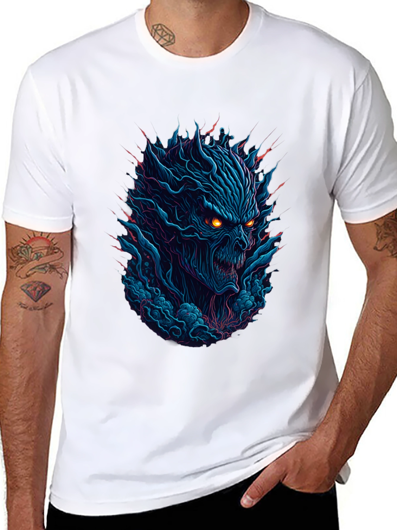 Mens Black T-Shirt with Fiery Monster Graphic