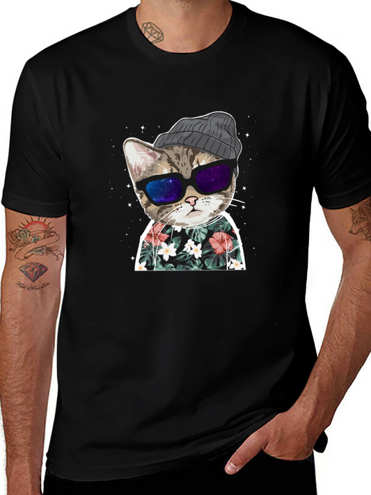 Cool Cat Graphic Tee - Galaxy Shades & Hawaiian Shirt
