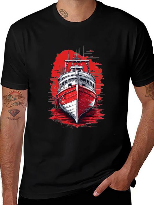 Nautical Boat Graphic Tee - Black Cotton T-Shirt