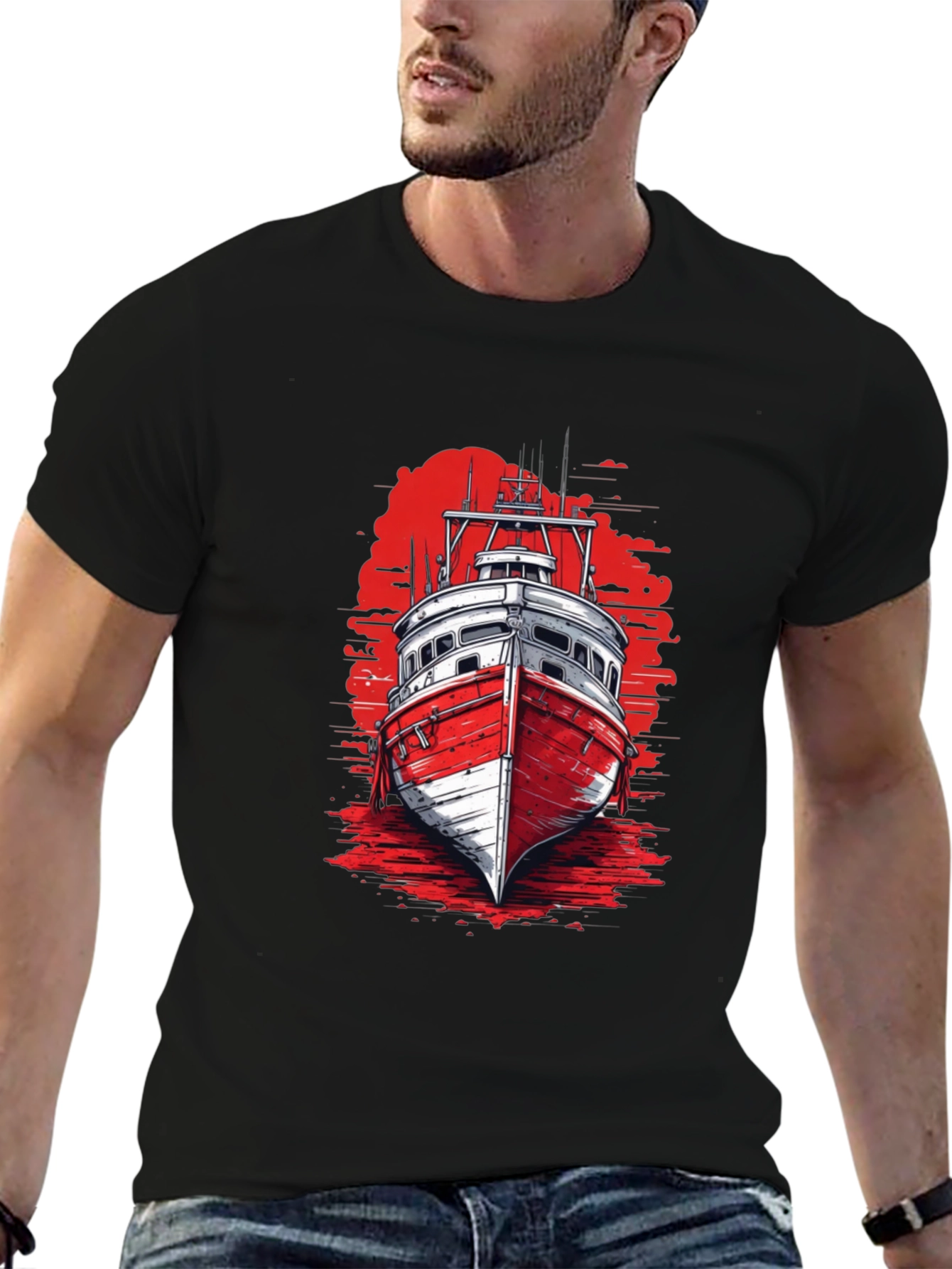 Nautical Boat Graphic Tee - Black Cotton T-Shirt