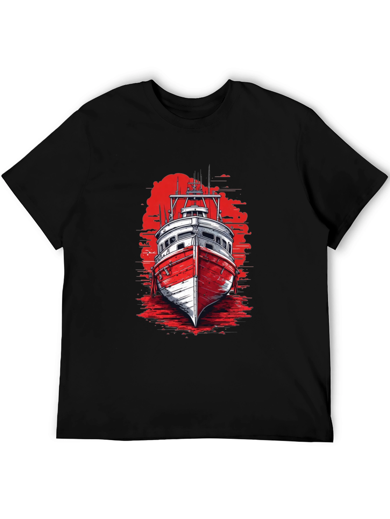 Nautical Boat Graphic Tee - Black Cotton T-Shirt