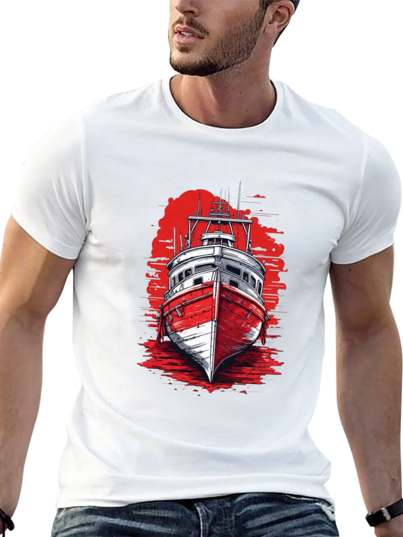 Nautical Boat Graphic Tee - Black Cotton T-Shirt