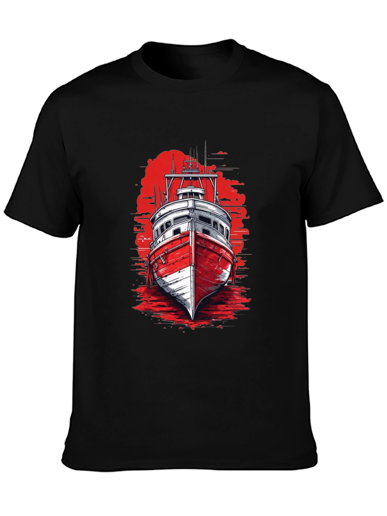 Nautical Boat Graphic Tee - Black Cotton T-Shirt
