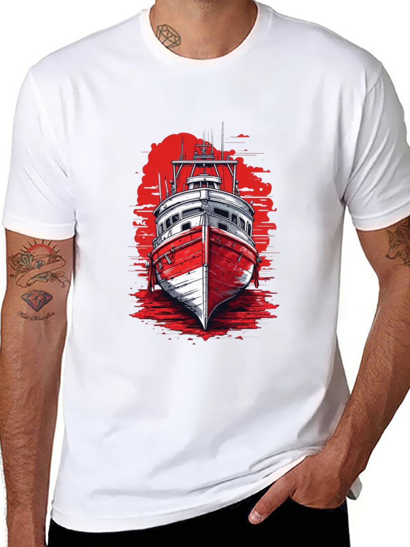 Nautical Boat Graphic Tee - Black Cotton T-Shirt