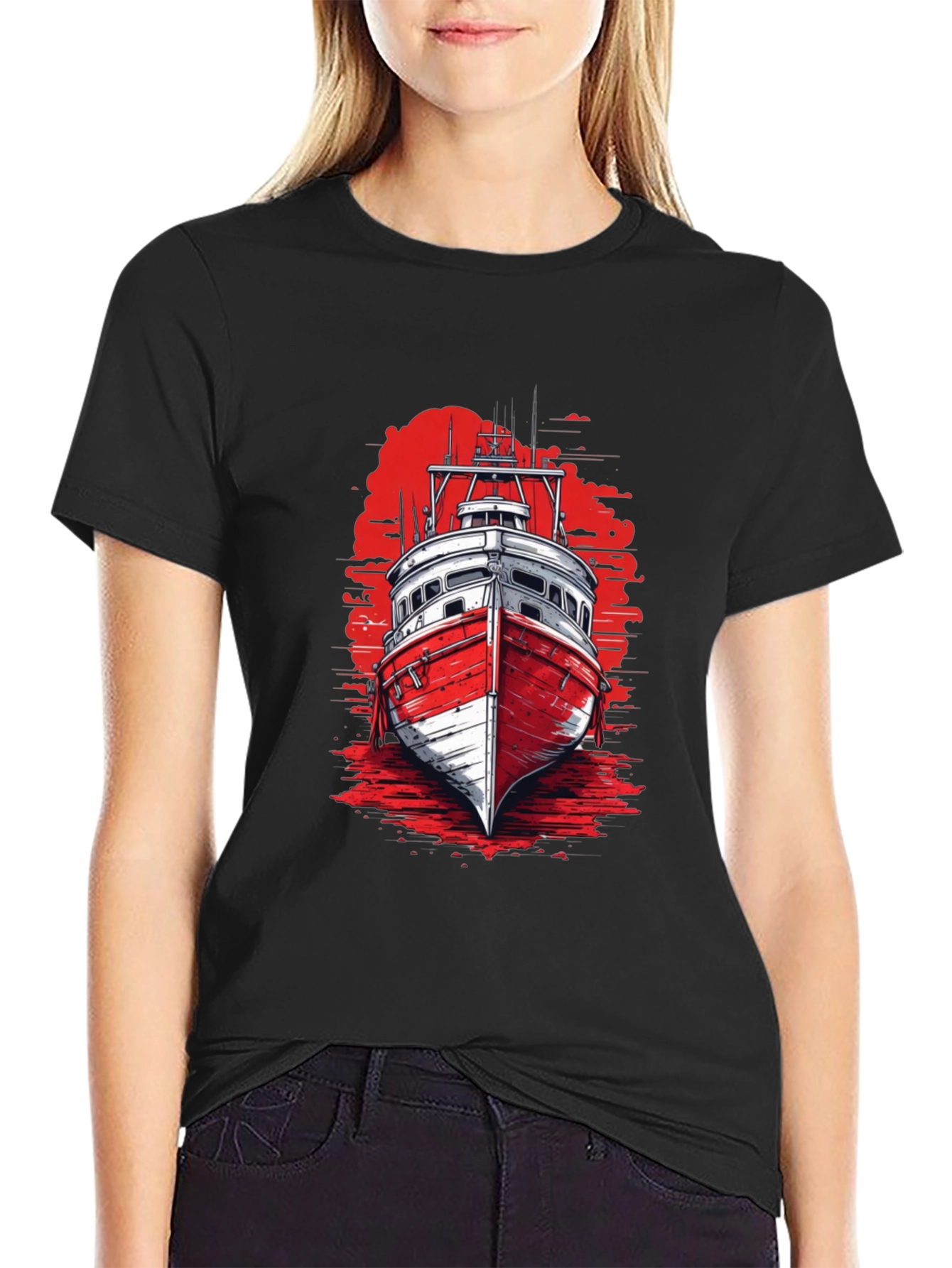 Nautical Boat Graphic Tee - Black Cotton T-Shirt