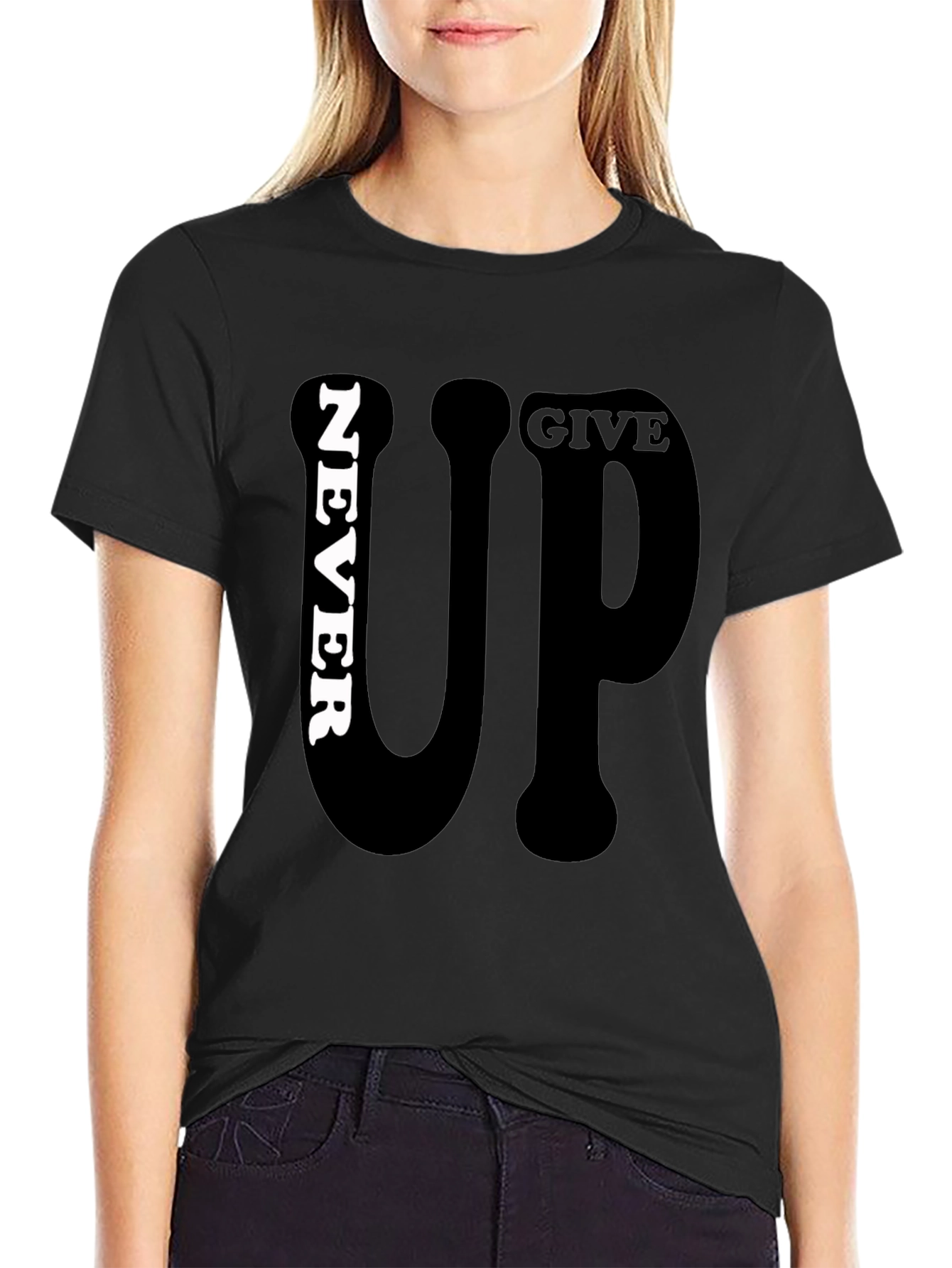 Never Give Up Graphic Print Mens Black T-Shirt