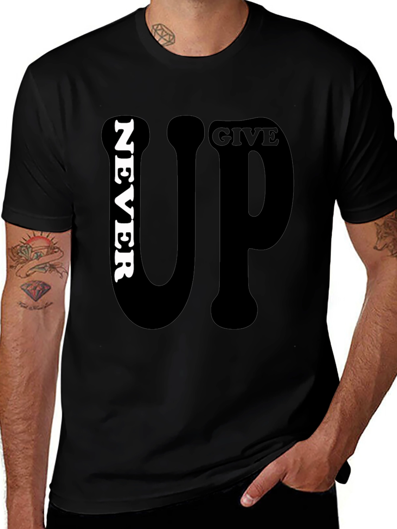 Never Give Up Graphic Print Mens Black T-Shirt