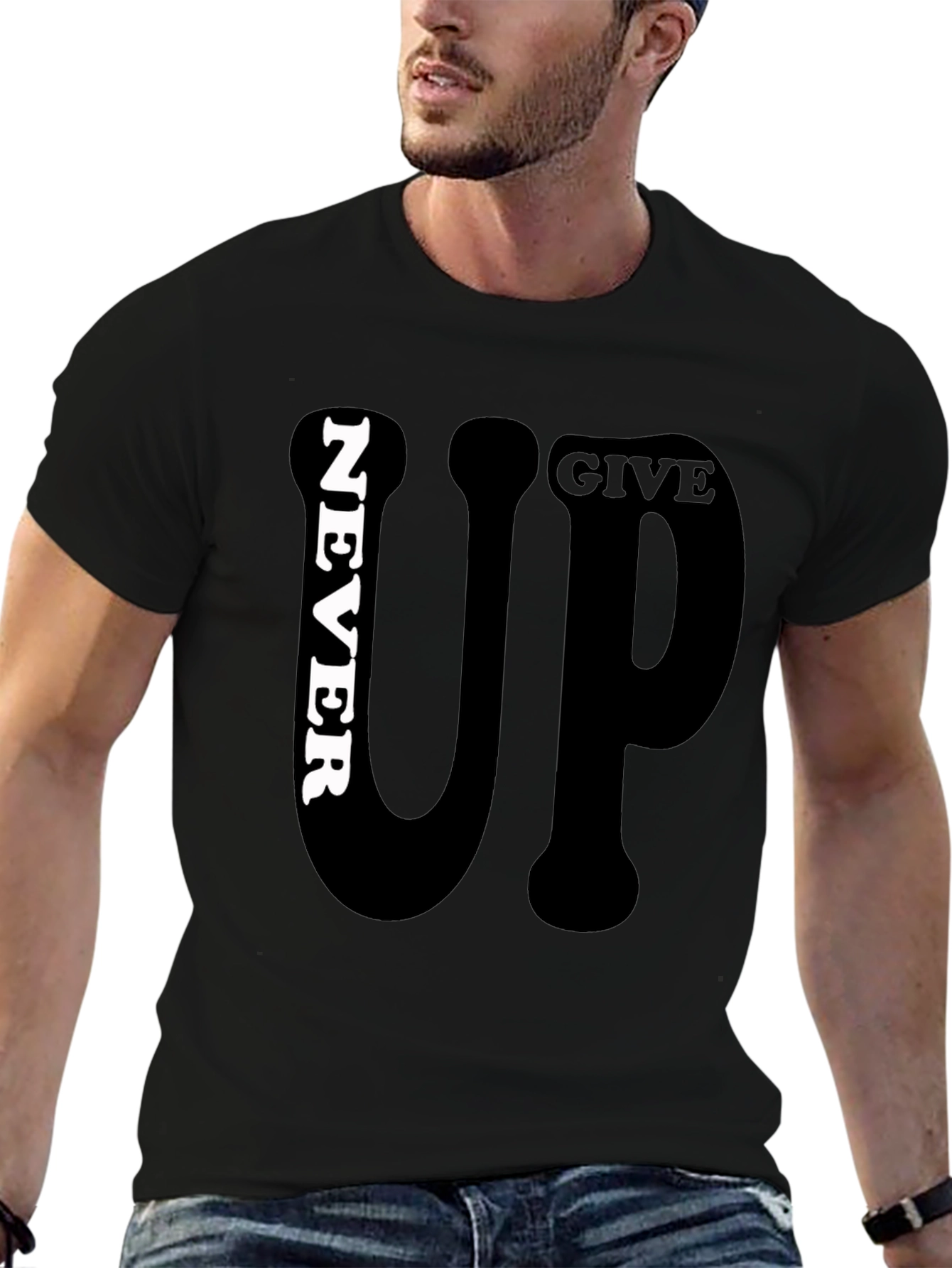 Never Give Up Graphic Print Mens Black T-Shirt