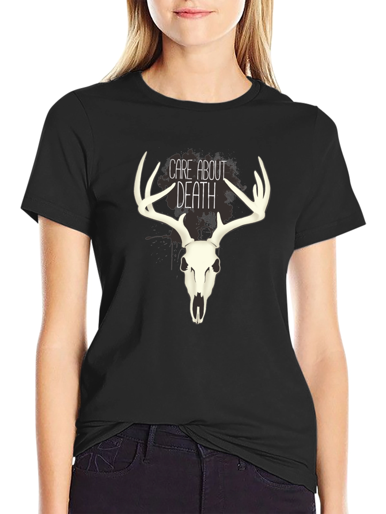Care About Death Deer Skull Graphic T-Shirt