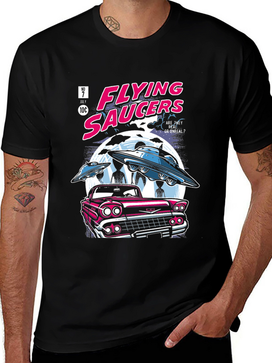 Flying Saucers Comic T-Shirt - Retro UFO Design