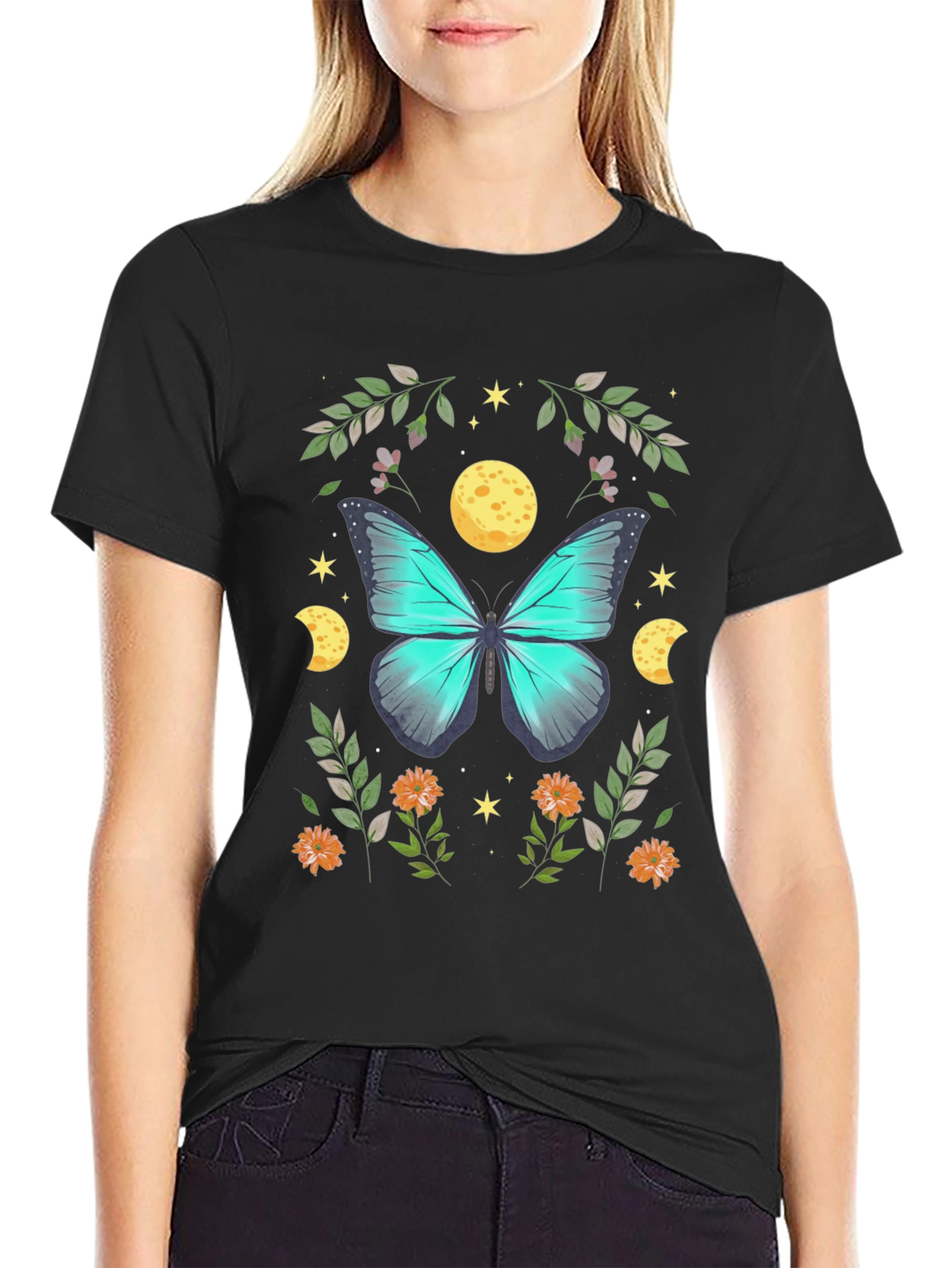 Butterfly & Moon Graphic Tee - Nature Lovers Shirt