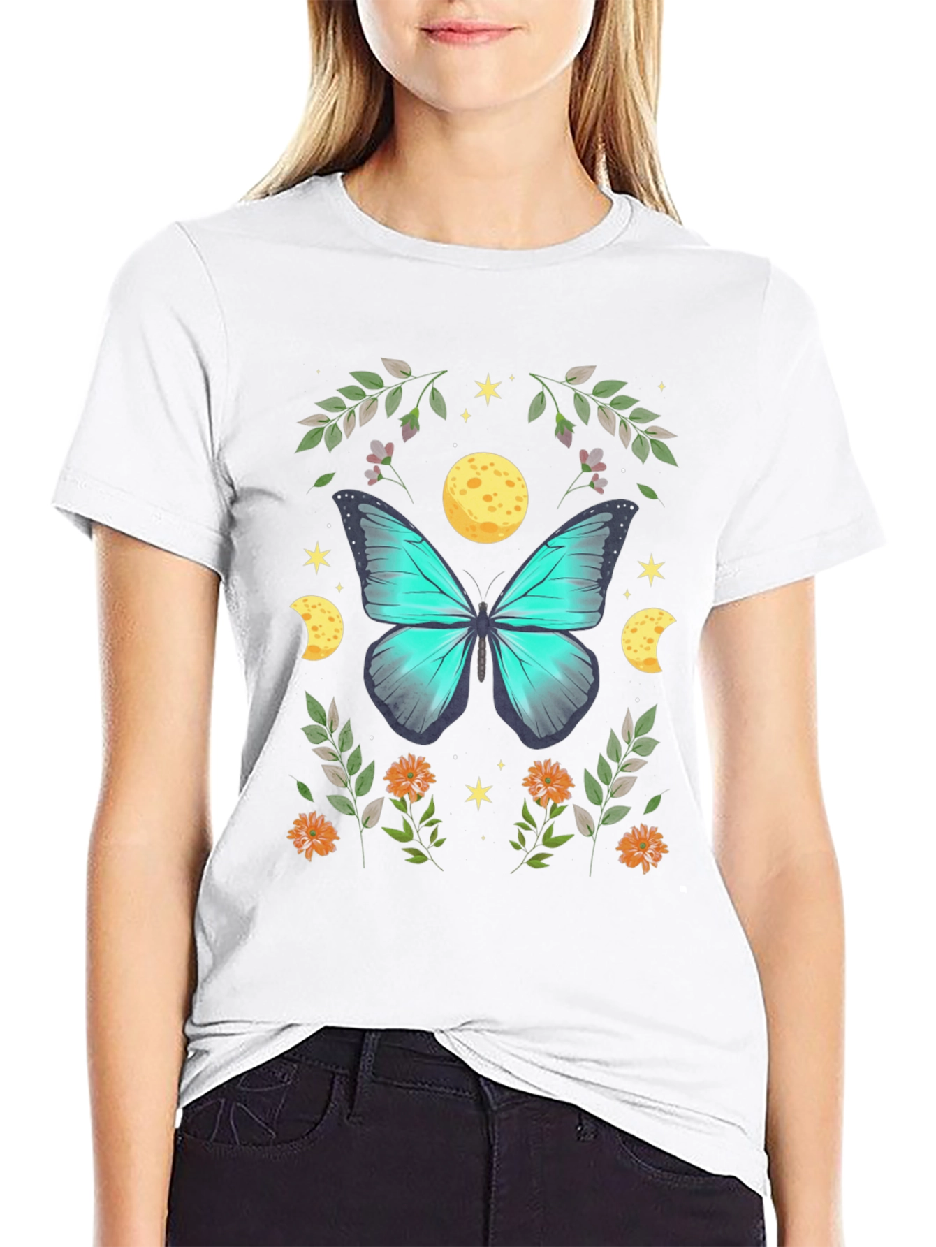 Butterfly & Moon Graphic Tee - Nature Lovers Shirt