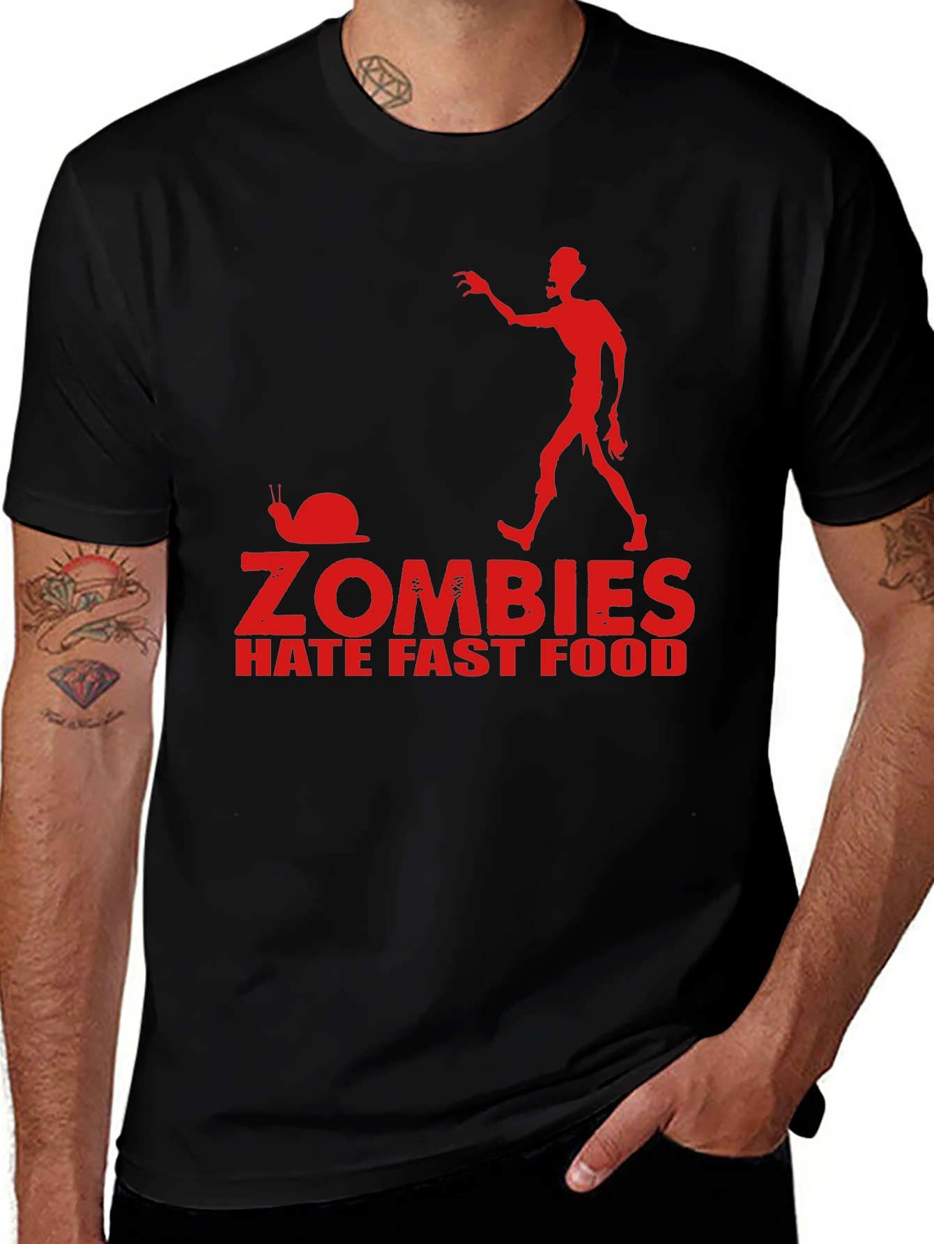 Zombies Hate Fast Food Black T-Shirt Funny Graphic Tee