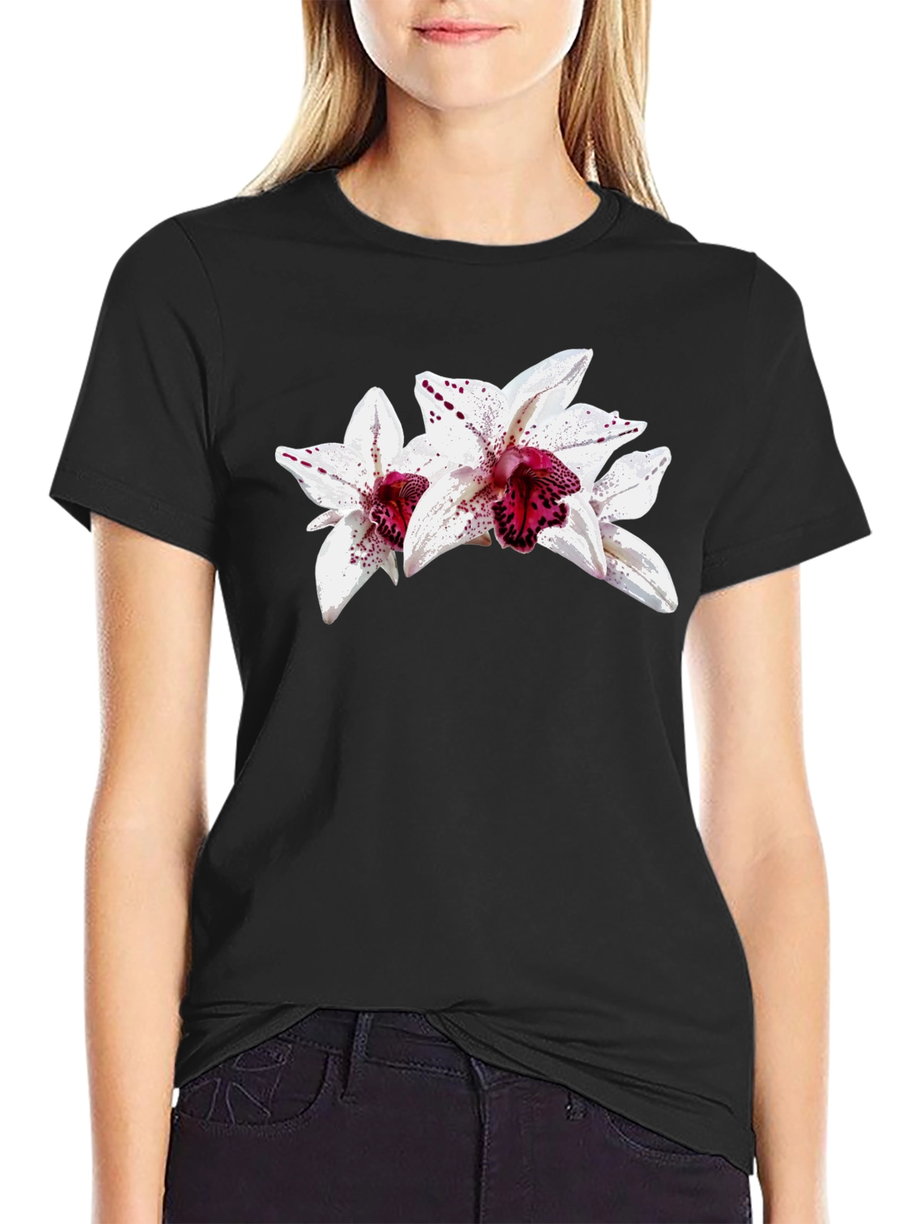 Floral Orchid Graphic Black T-Shirt