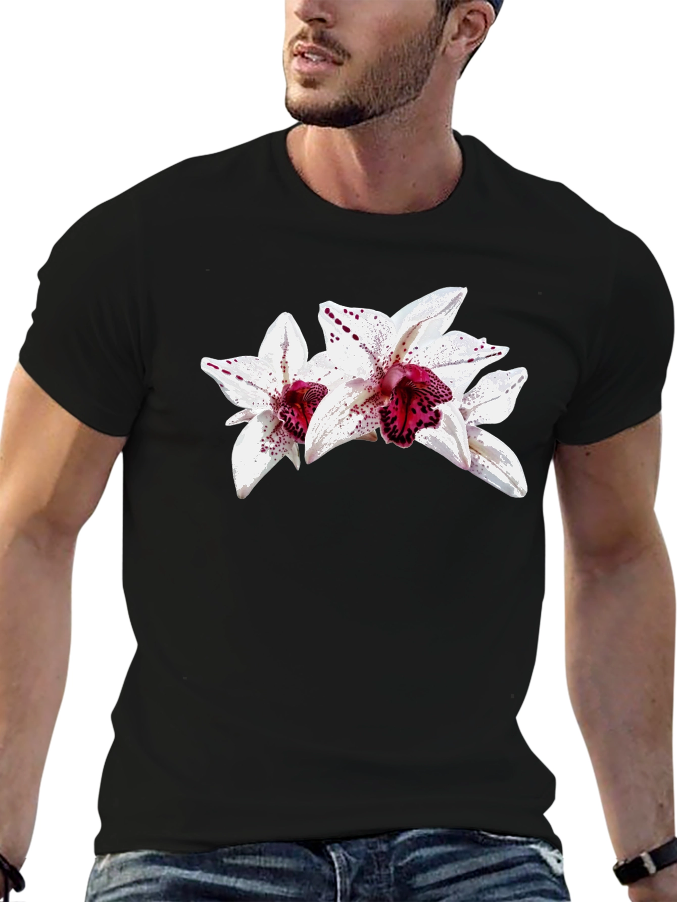 Floral Orchid Graphic Black T-Shirt