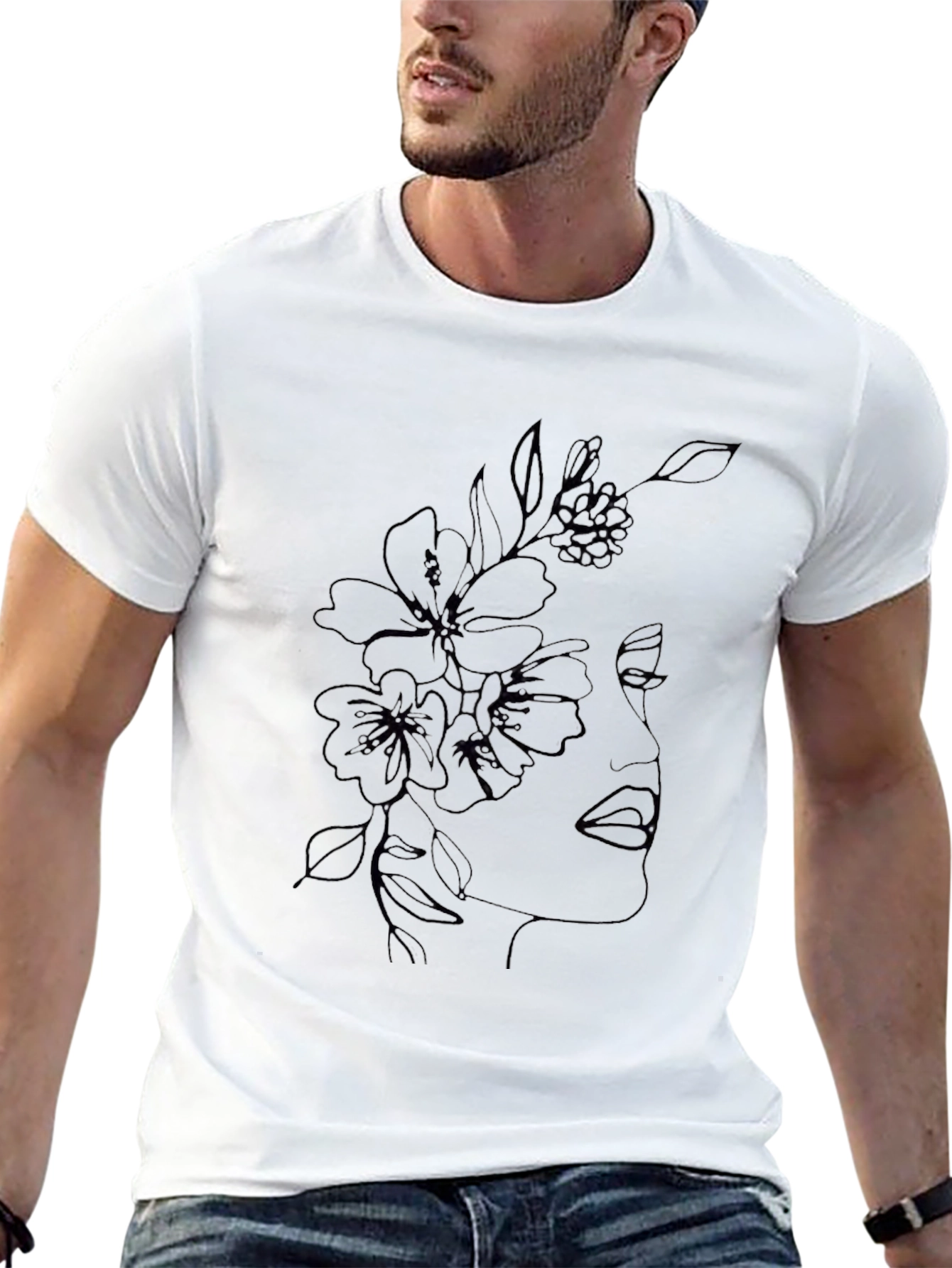 Floral Face Line Art Black T-Shirt