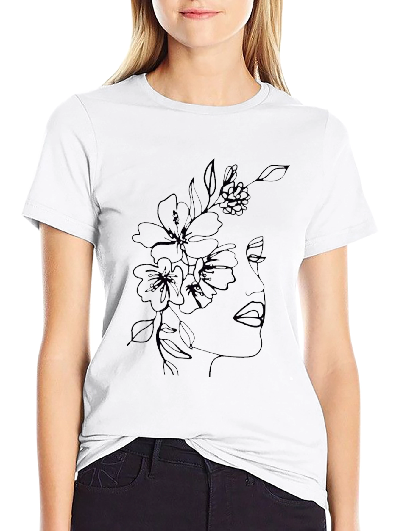 Floral Face Line Art Black T-Shirt