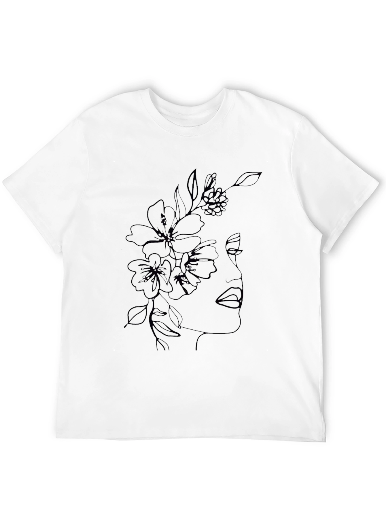 Floral Face Line Art Black T-Shirt