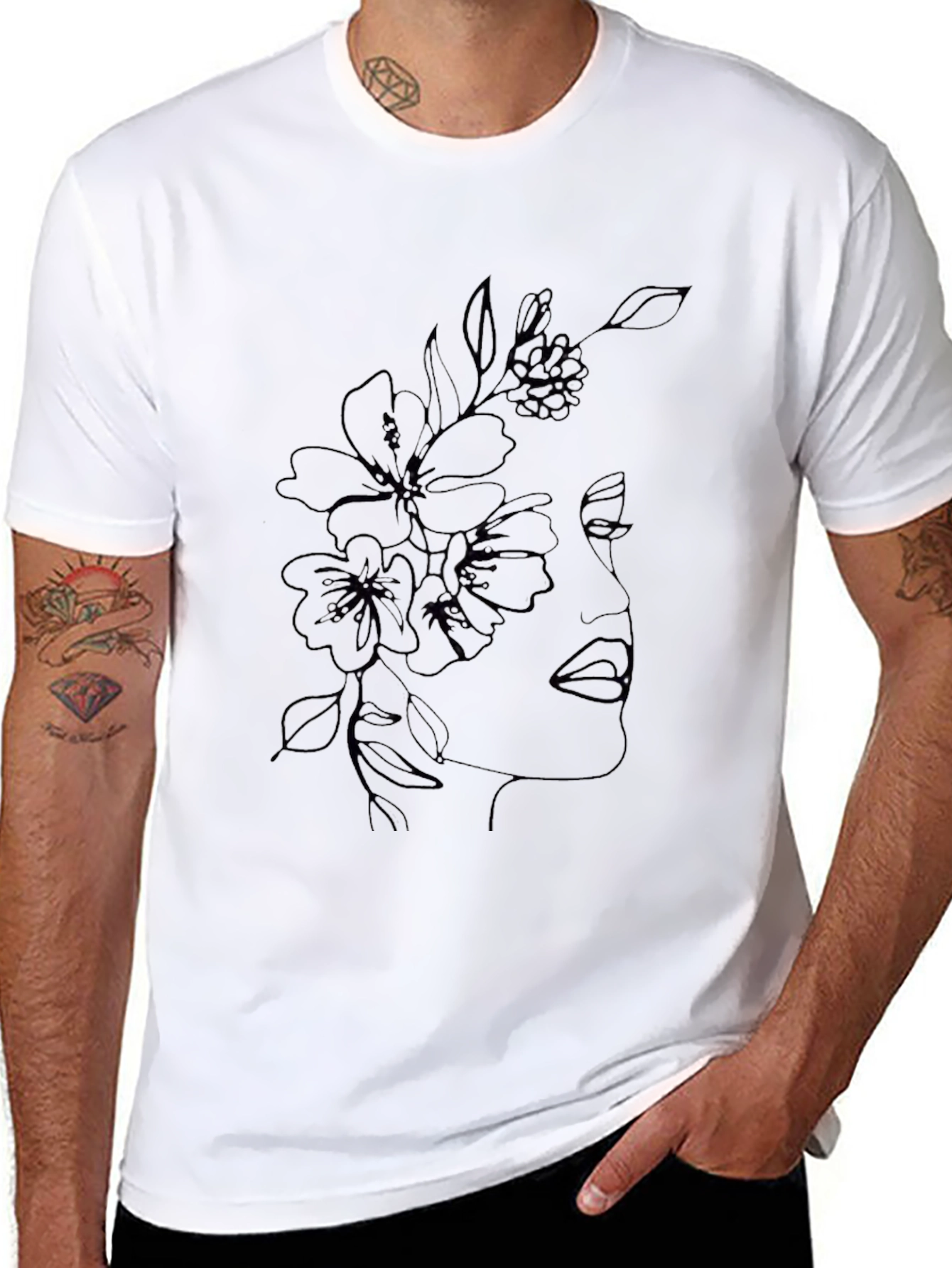 Floral Face Line Art Black T-Shirt