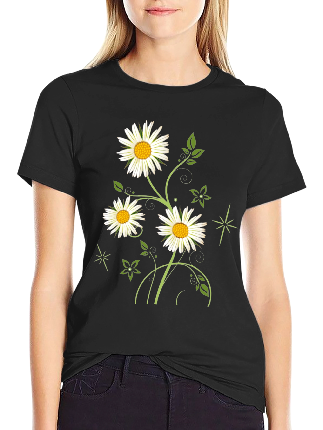 Daisy Flower Graphic Black Tee for Men