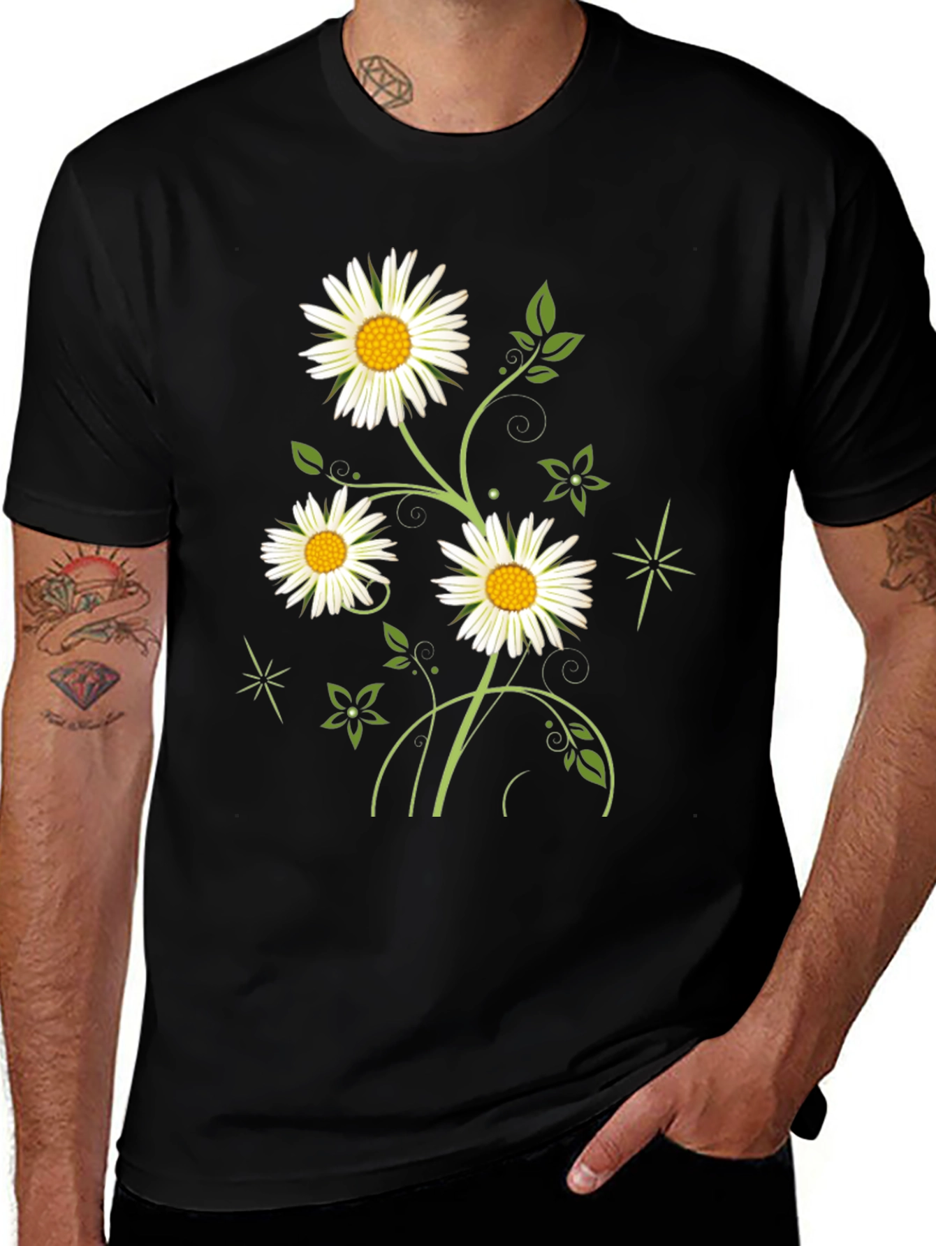 Daisy Flower Graphic Black Tee for Men