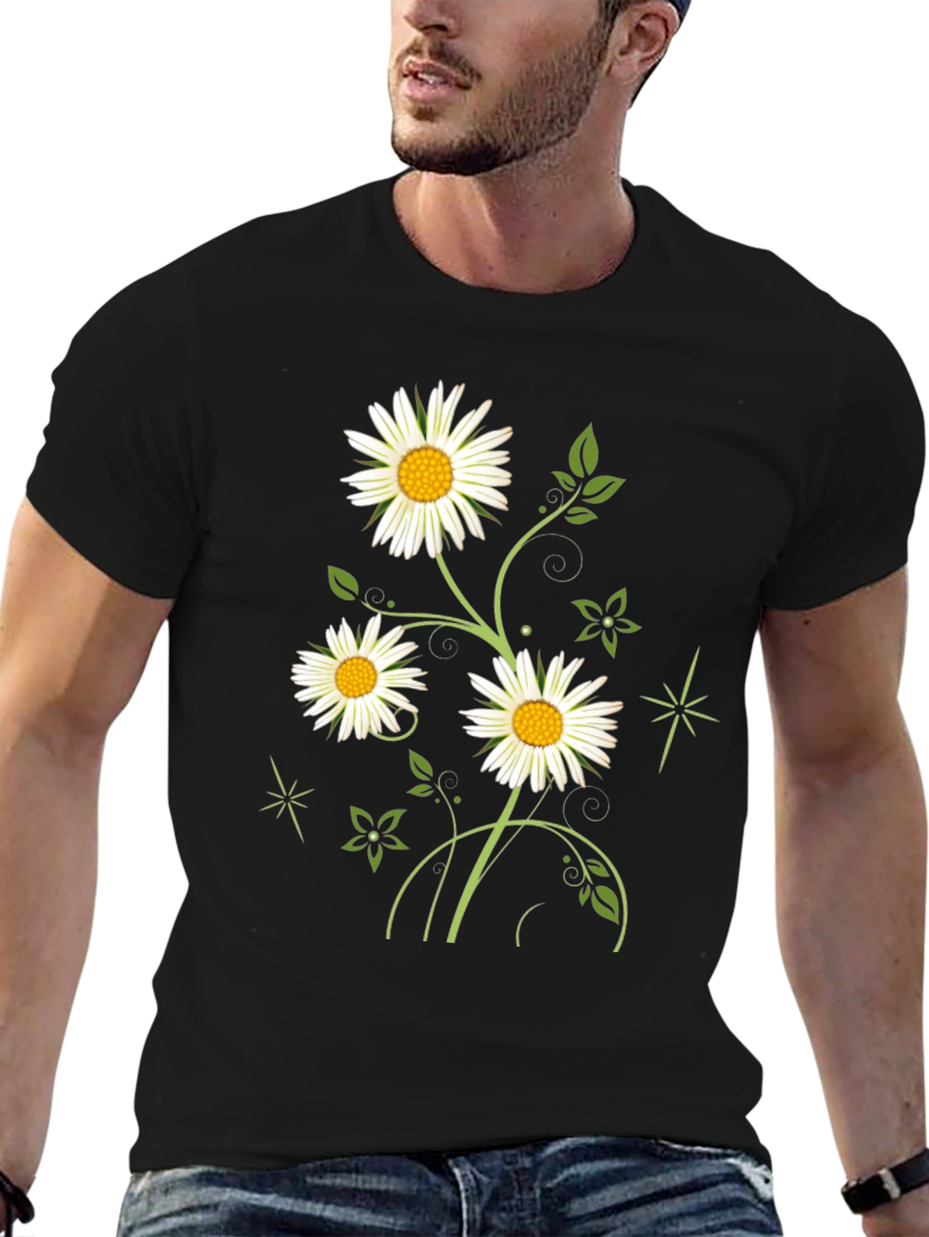 Daisy Flower Graphic Black Tee for Men
