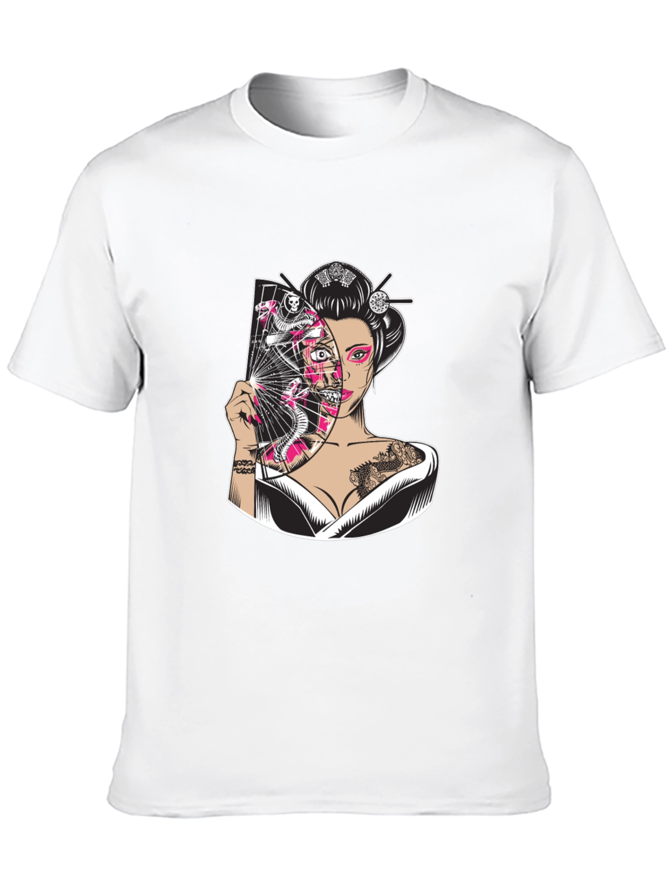 Geisha Snake Fan Graphic Black T-Shirt