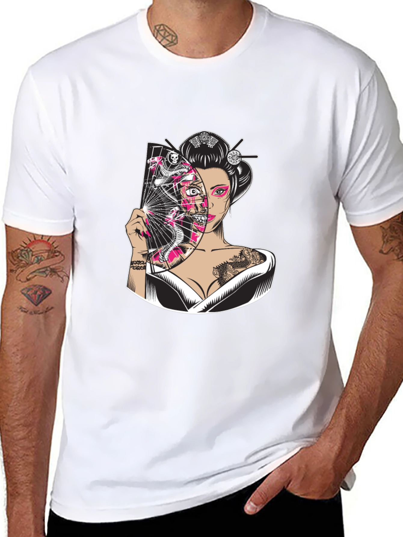 Geisha Snake Fan Graphic Black T-Shirt