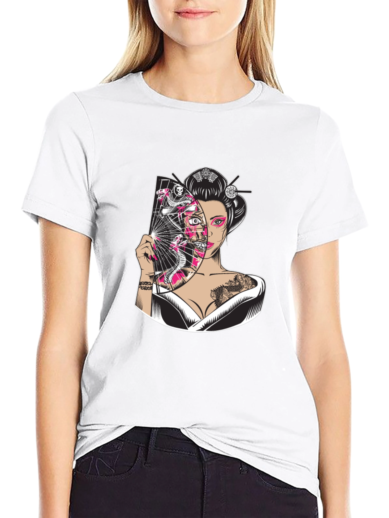 Geisha Snake Fan Graphic Black T-Shirt