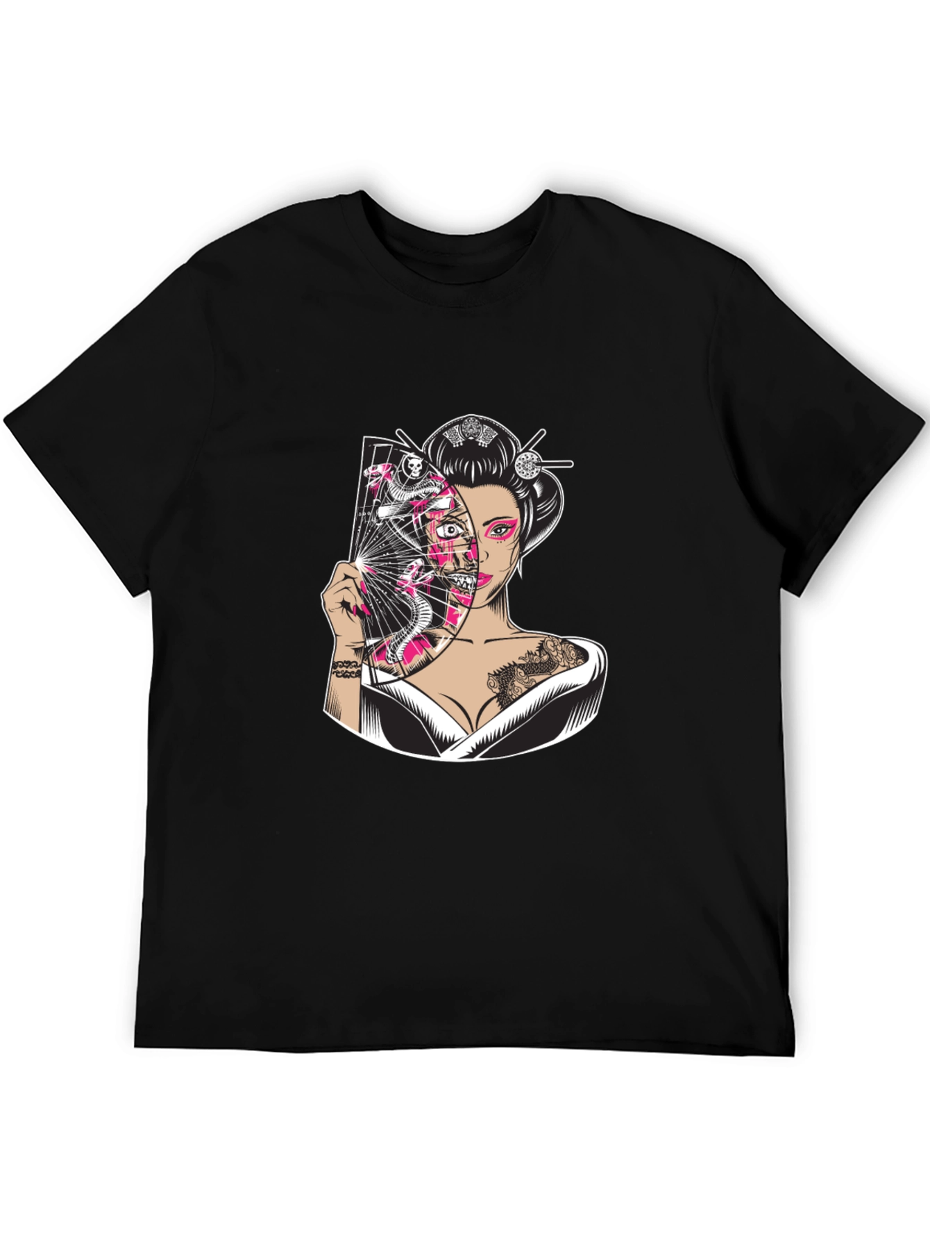 Geisha Snake Fan Graphic Black T-Shirt