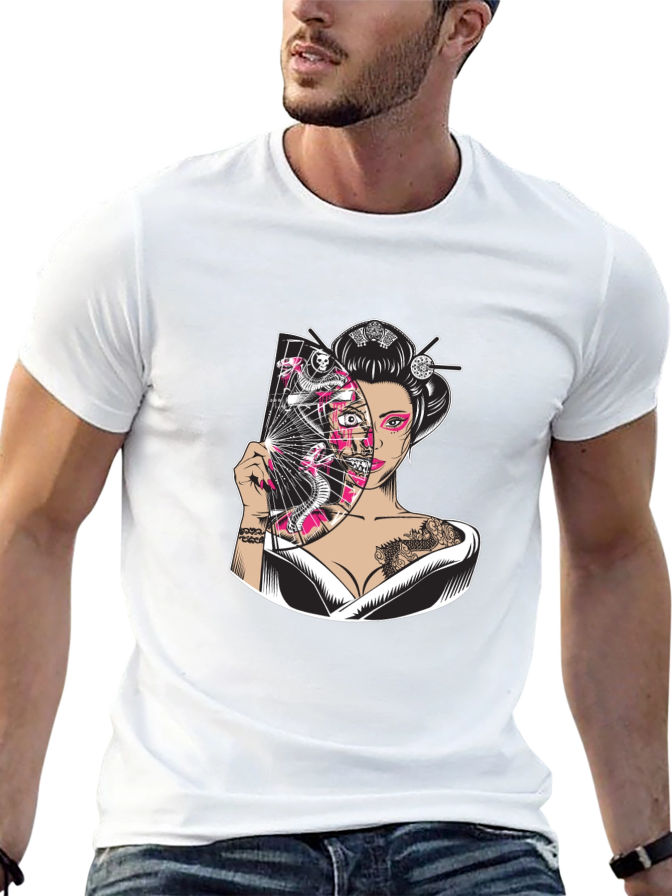 Geisha Snake Fan Graphic Black T-Shirt