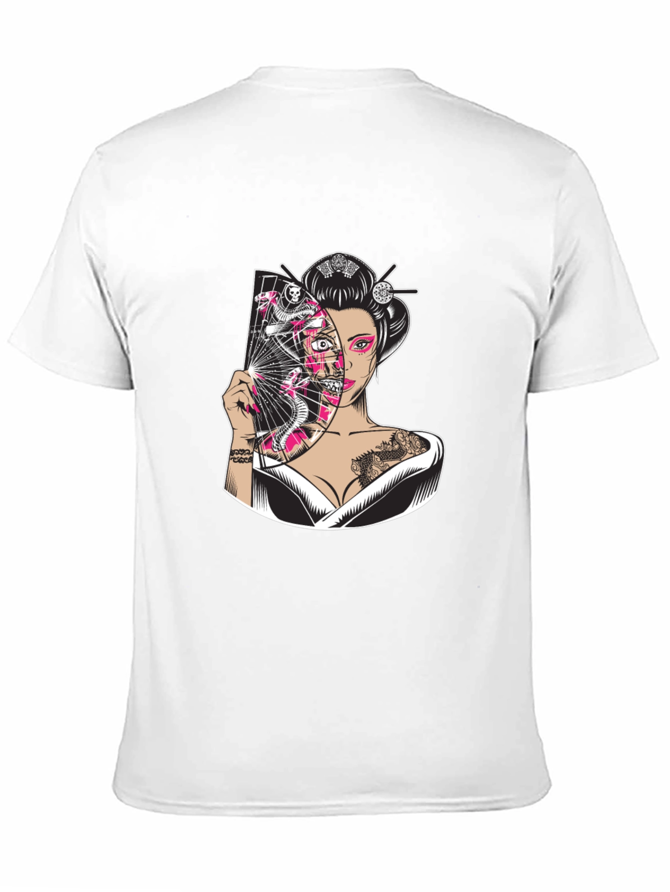 Geisha Snake Fan Graphic Black T-Shirt