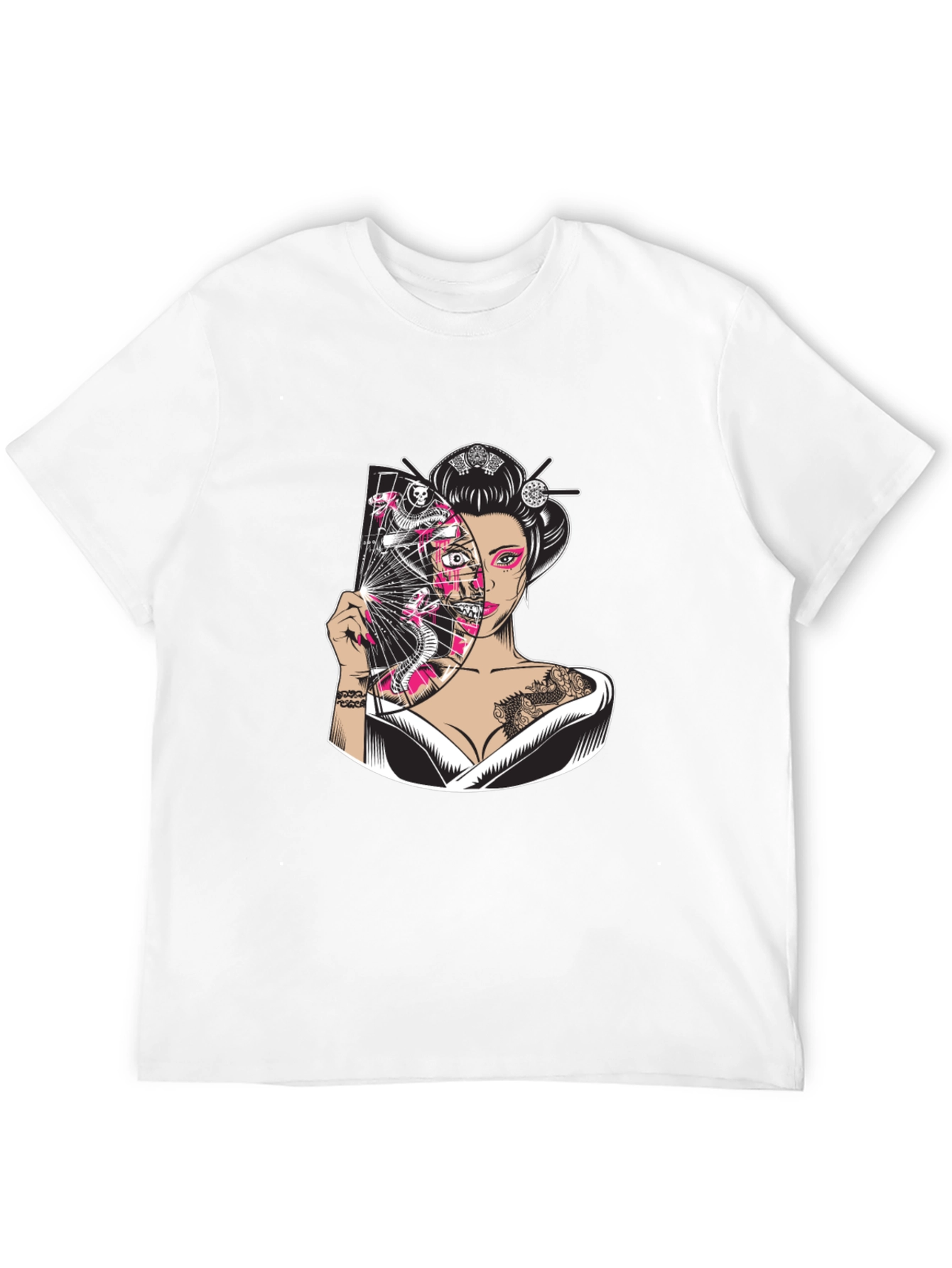 Geisha Snake Fan Graphic Black T-Shirt