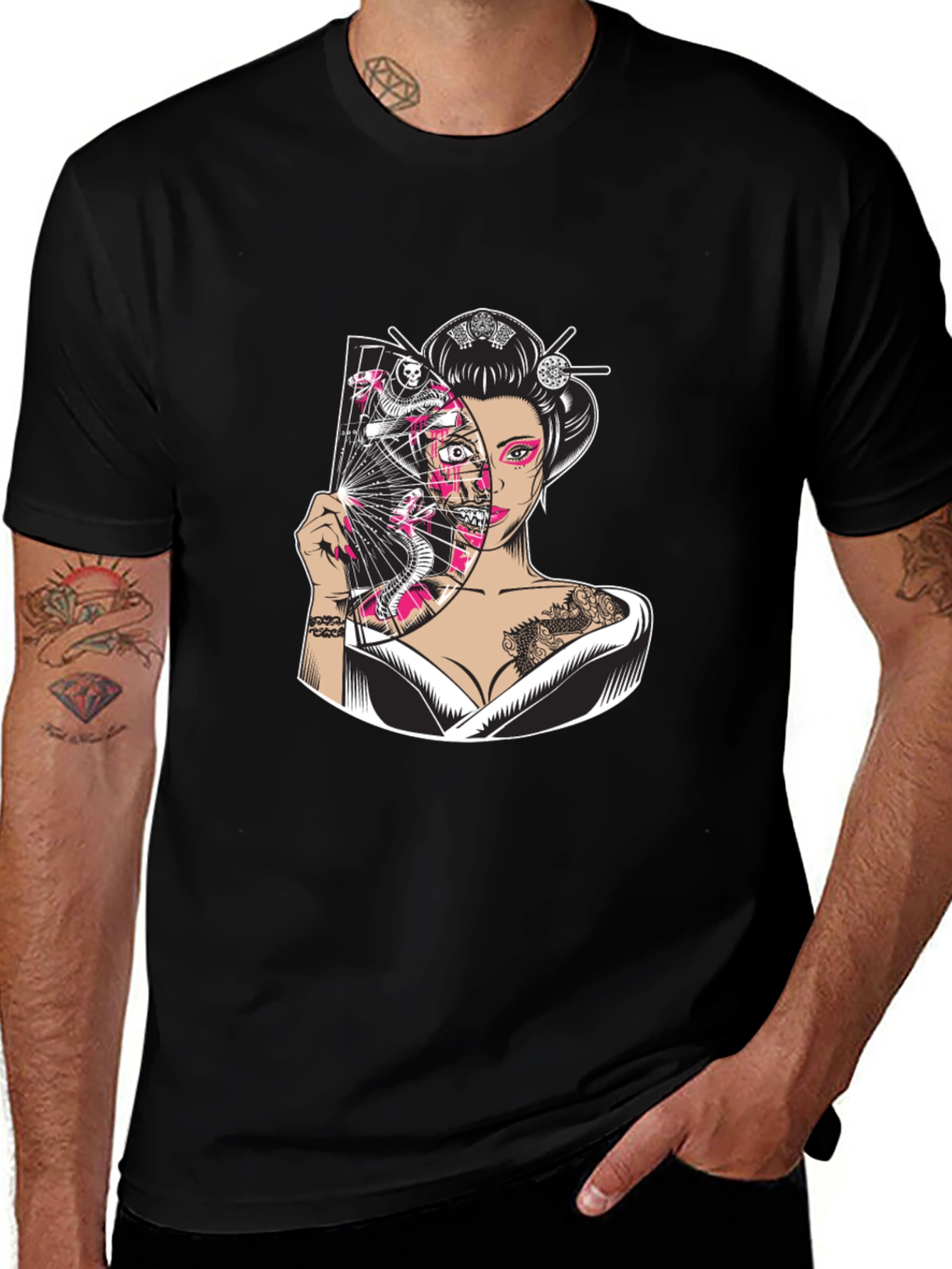 Geisha Snake Fan Graphic Black T-Shirt