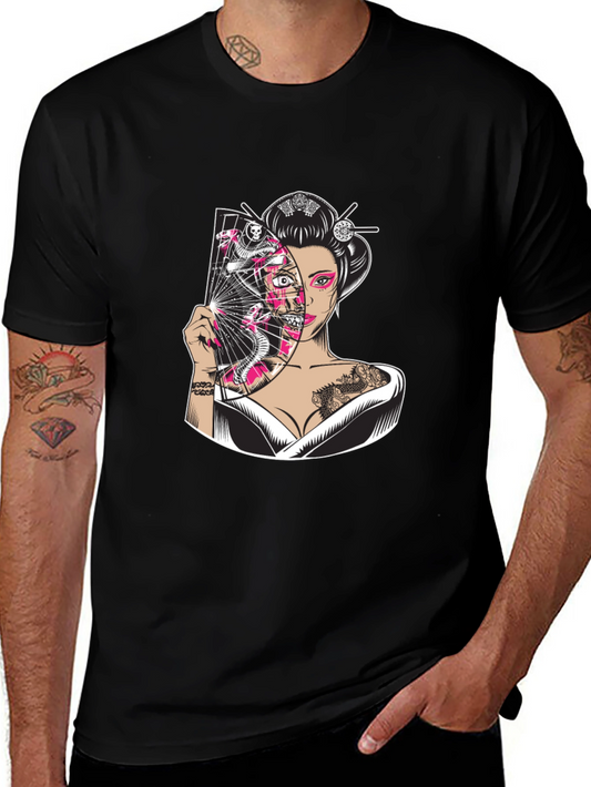 Geisha Snake Fan Graphic Black T-Shirt