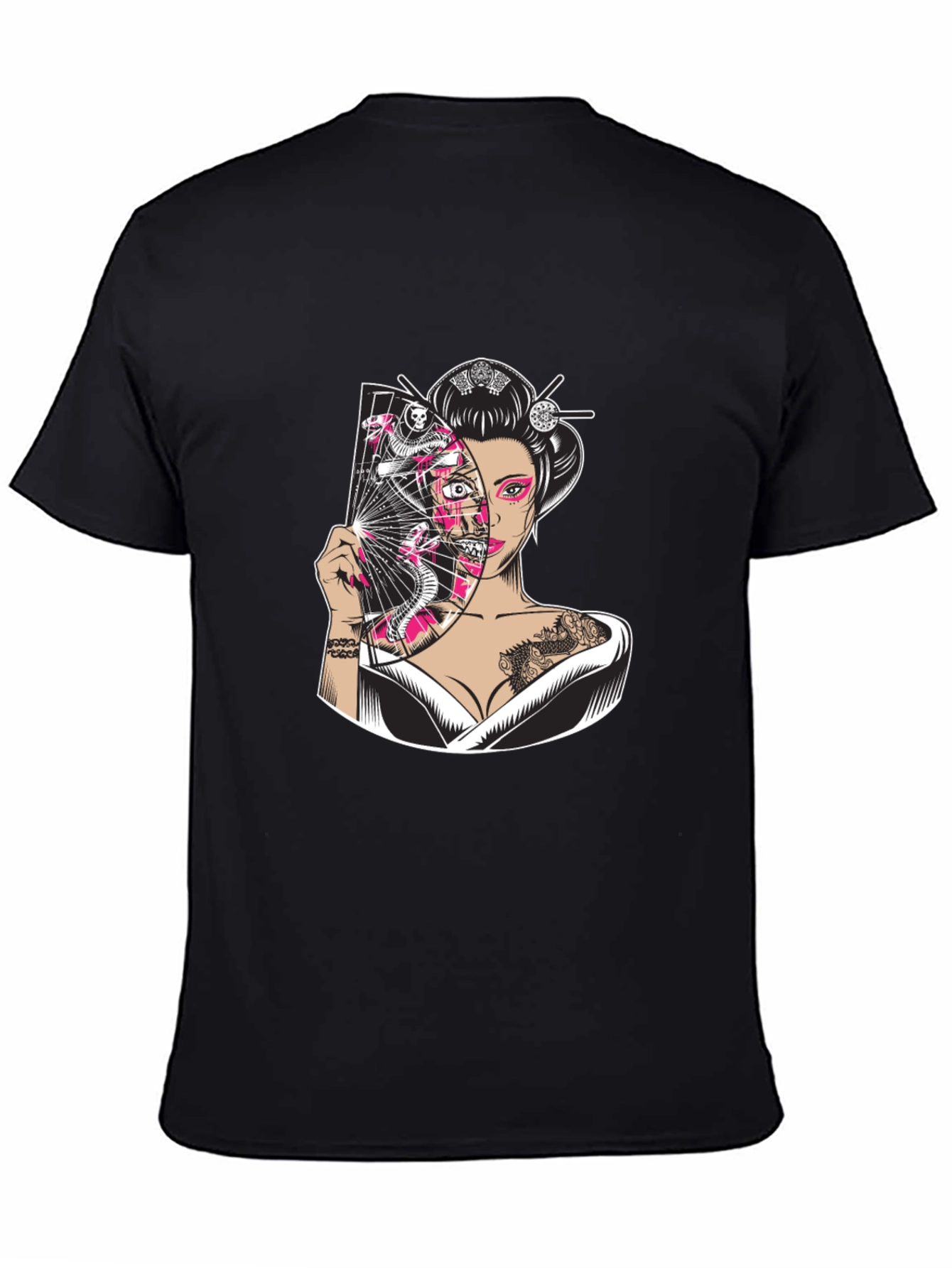 Geisha Snake Fan Graphic Black T-Shirt