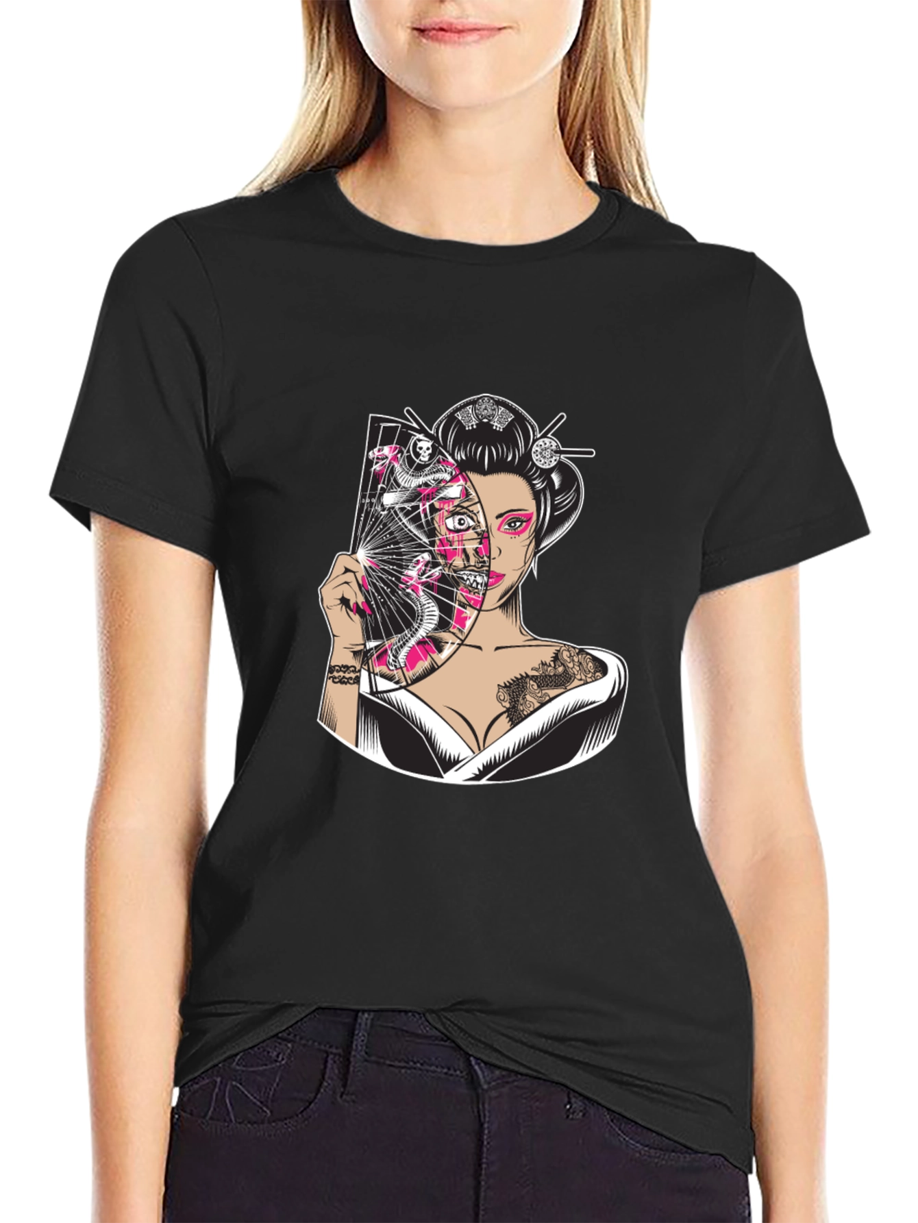 Geisha Snake Fan Graphic Black T-Shirt