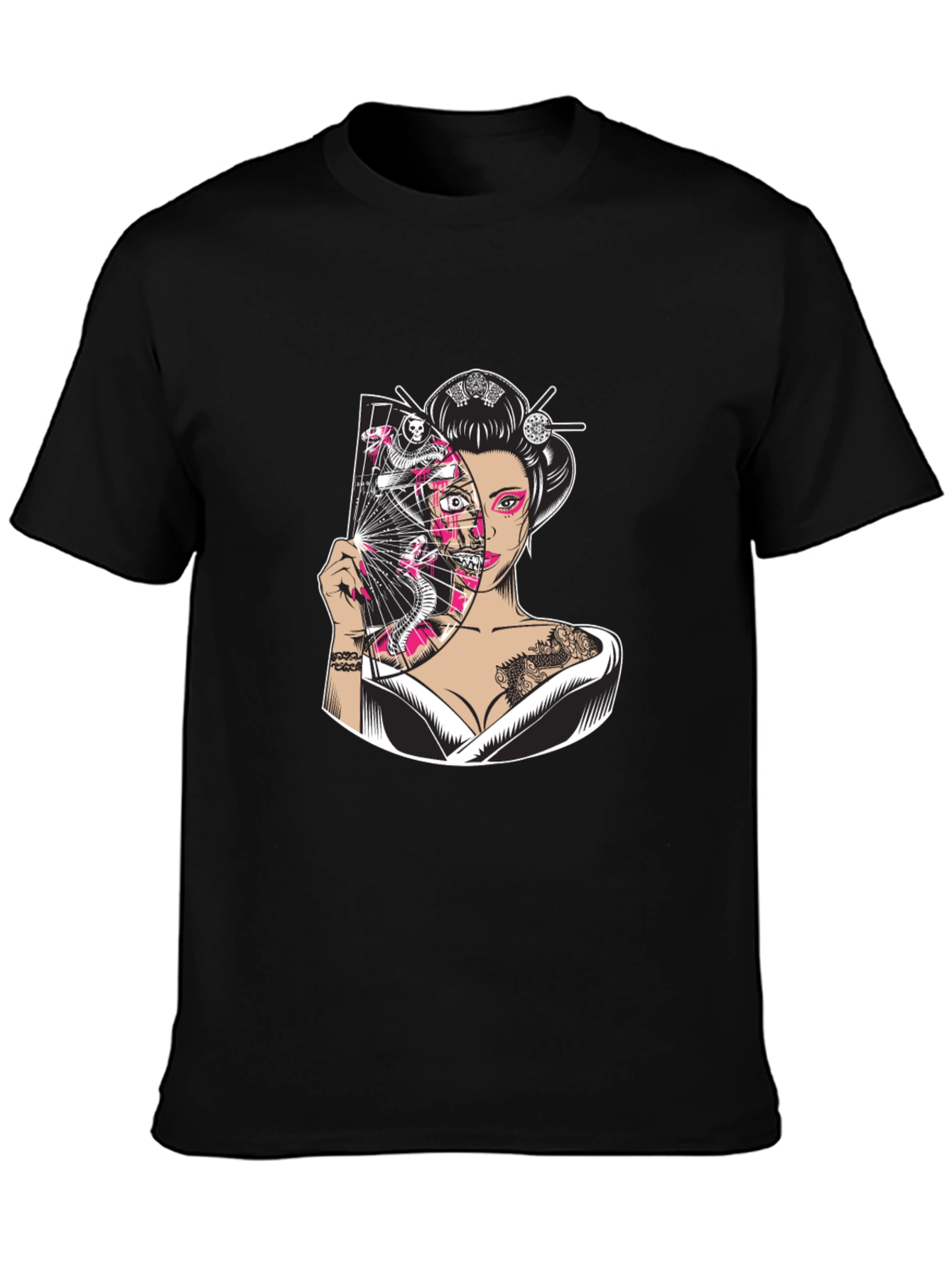 Geisha Snake Fan Graphic Black T-Shirt