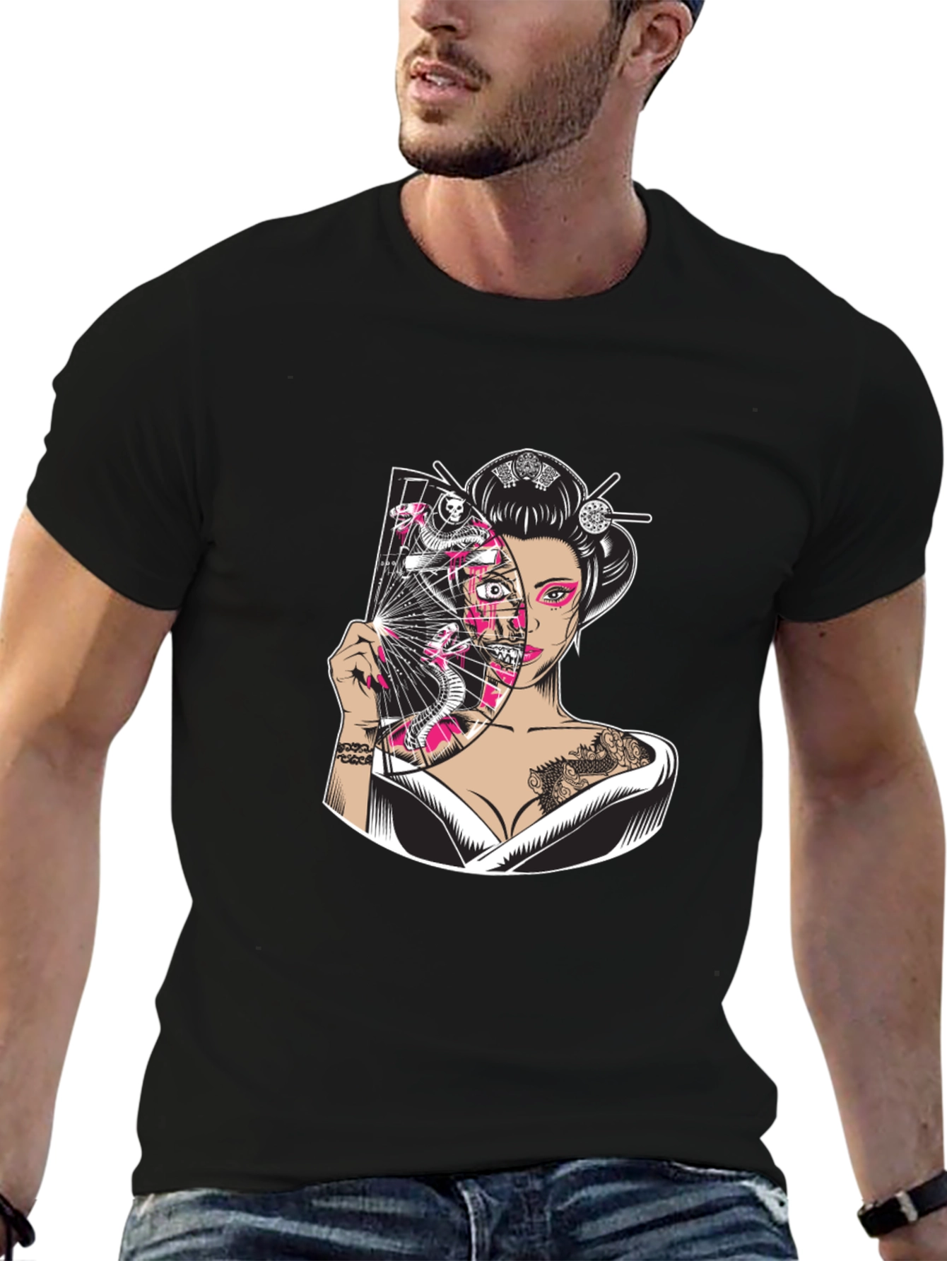 Geisha Snake Fan Graphic Black T-Shirt