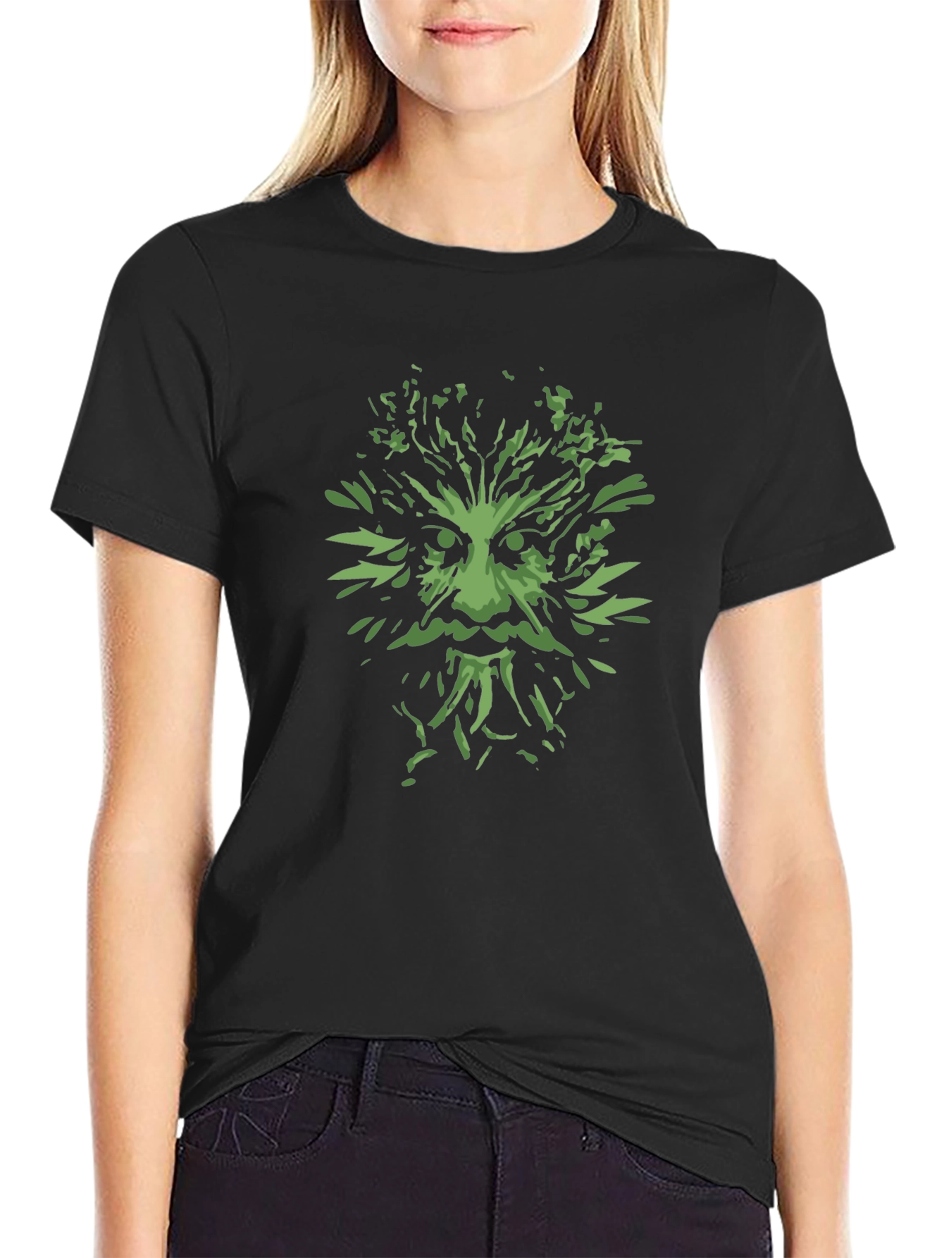 Green Man Graphic Tee - Black Cotton T-Shirt