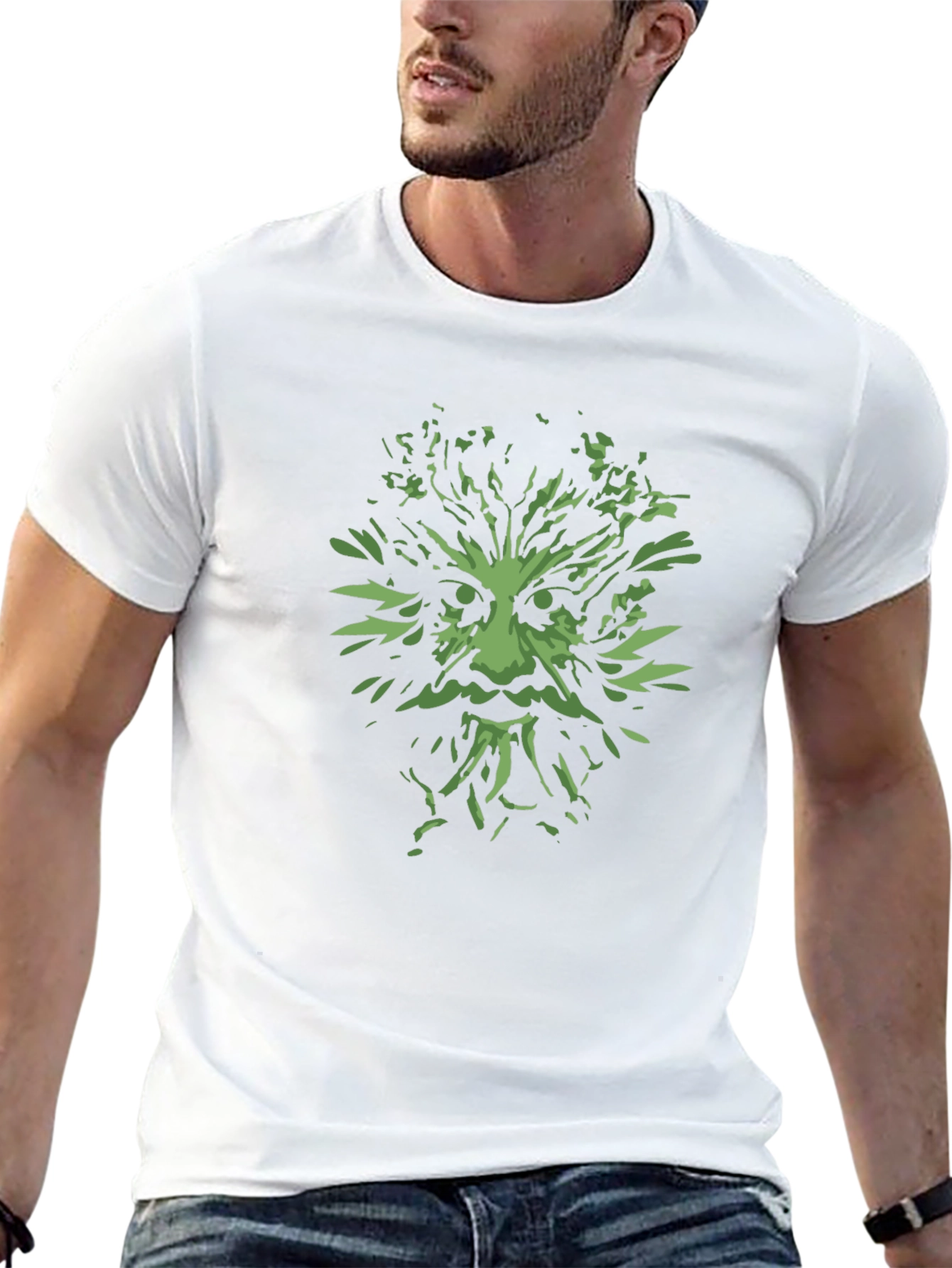 Green Man Graphic Tee - Black Cotton T-Shirt