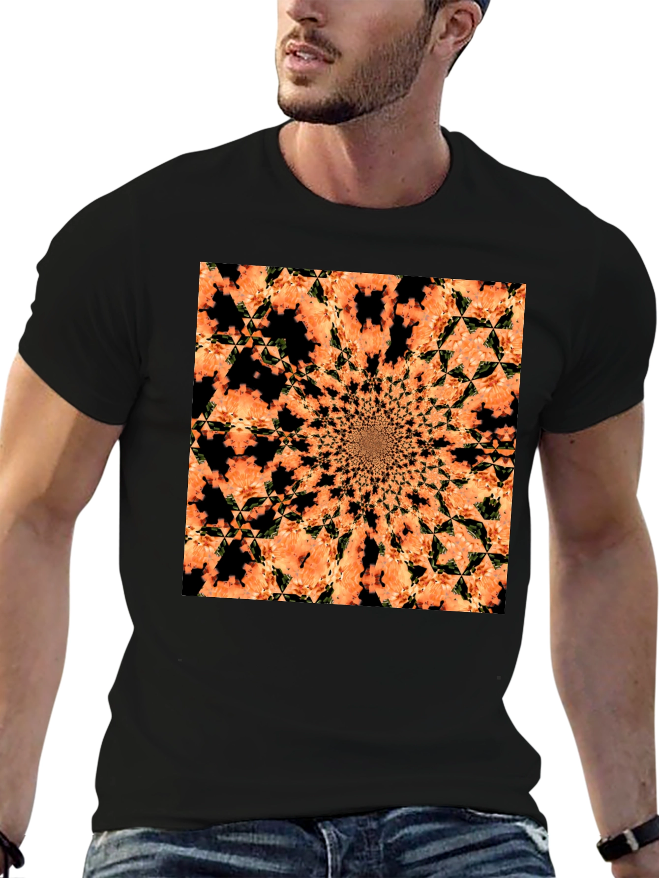 Abstract Kaleidoscope Graphic Tee - Black Cotton T-Shirt