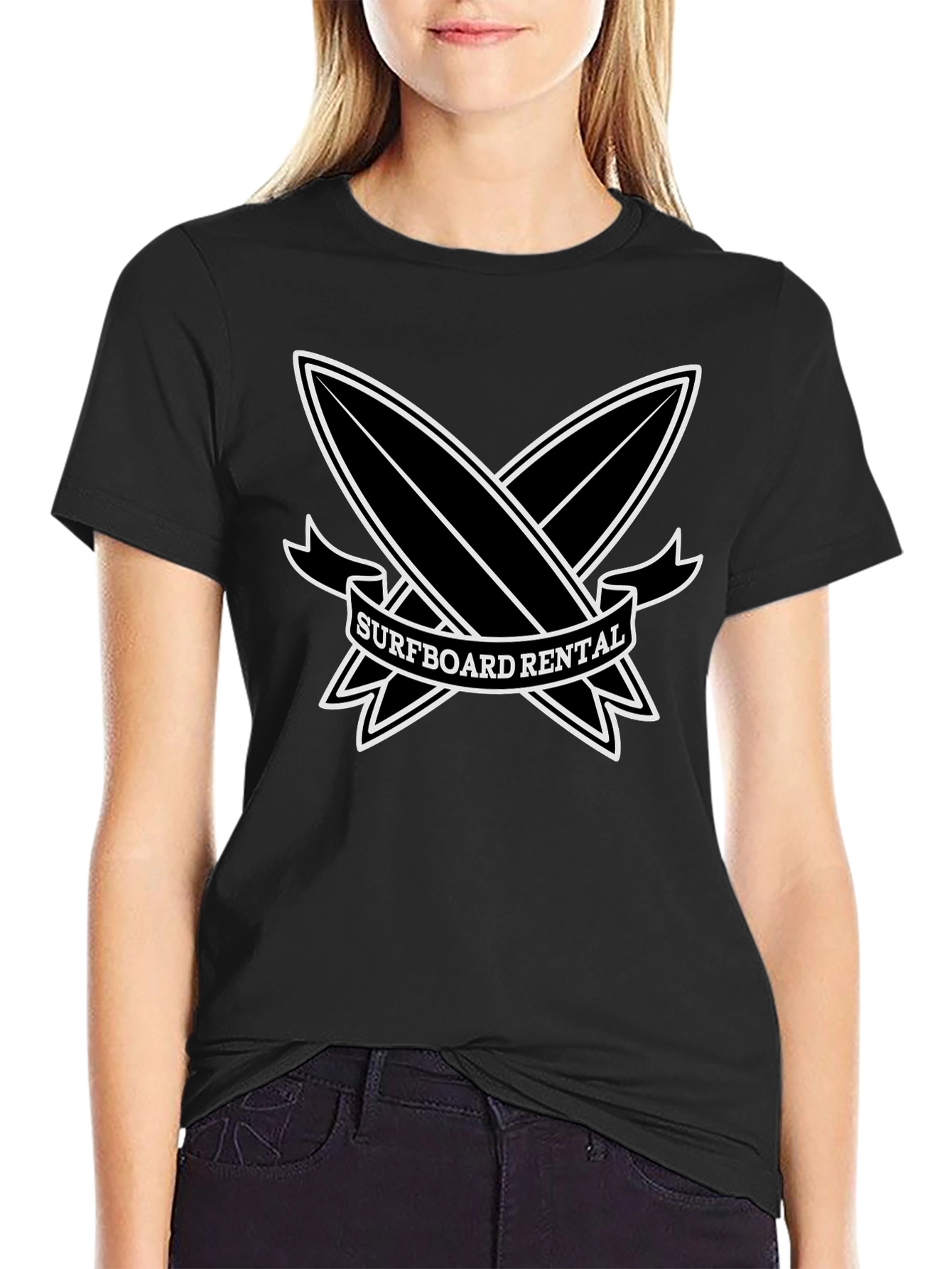 Surfboard Rental Graphic Tee - Black Cotton T-Shirt
