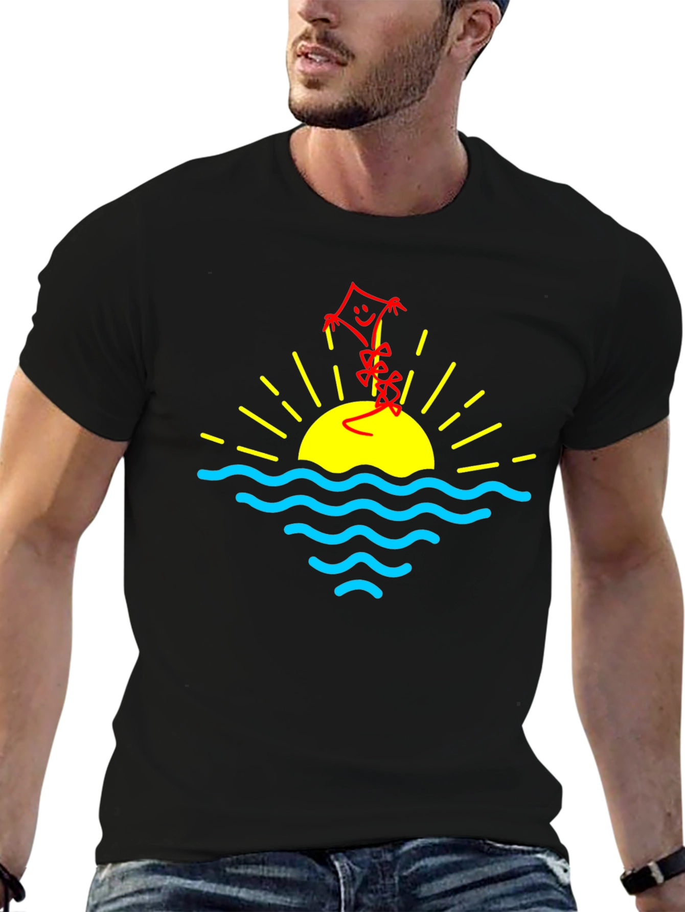 Sunset Kite Graphic Tee - Black Cotton Casual T-Shirt