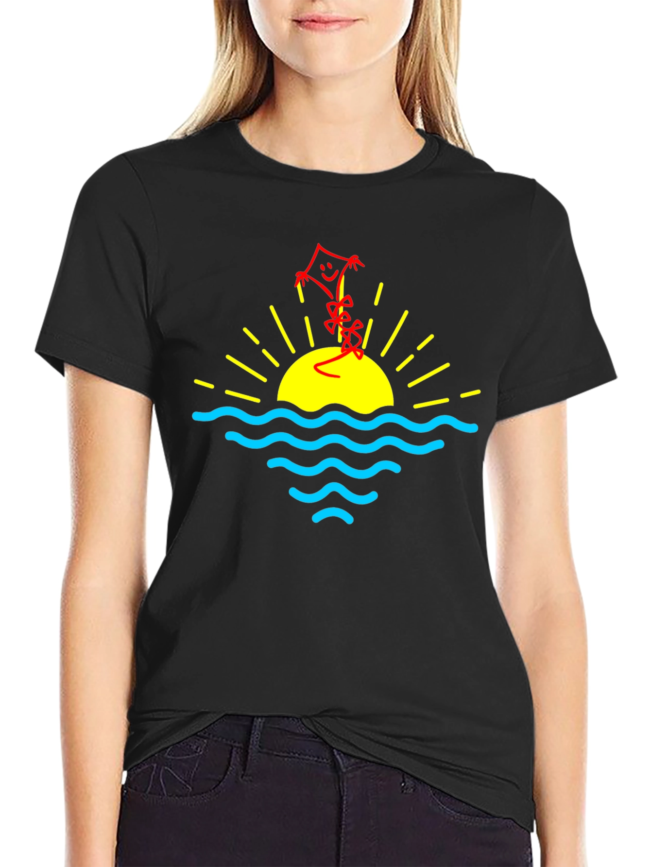 Sunset Kite Graphic Tee - Black Cotton Casual T-Shirt