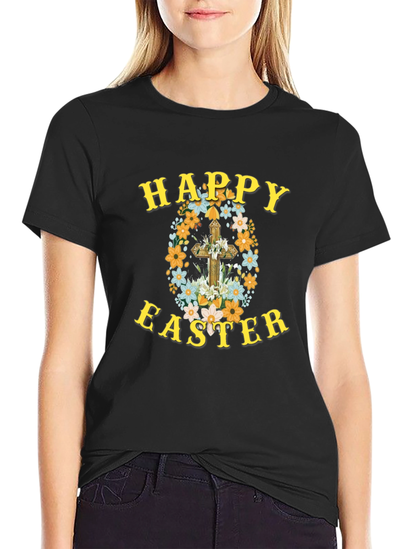 Happy Easter Floral Cross Graphic Tee