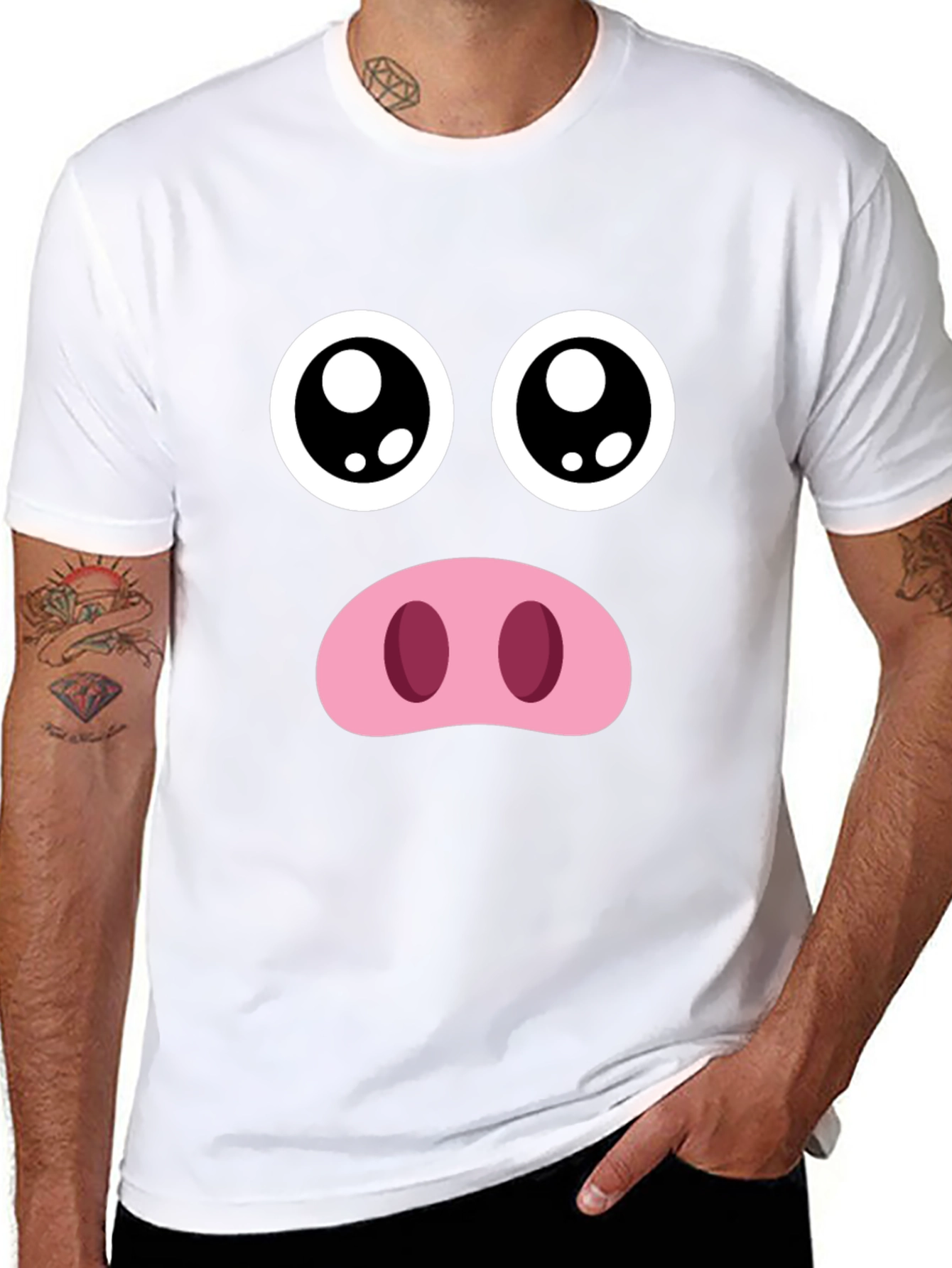 Funny Pig Face Graphic Tee - Black Crewneck T-Shirt